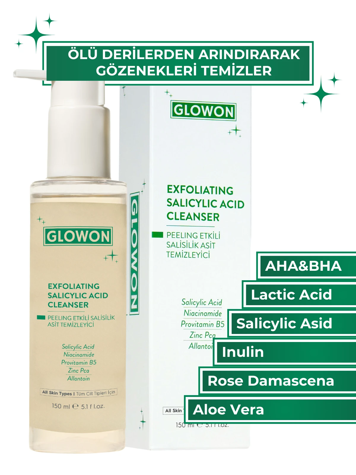 GLOWON Salisilik Asit (BHA) İçeren Arındırıcı ve Siyah Nokta Karşıtı Yüz Temizleme Jeli 150ml