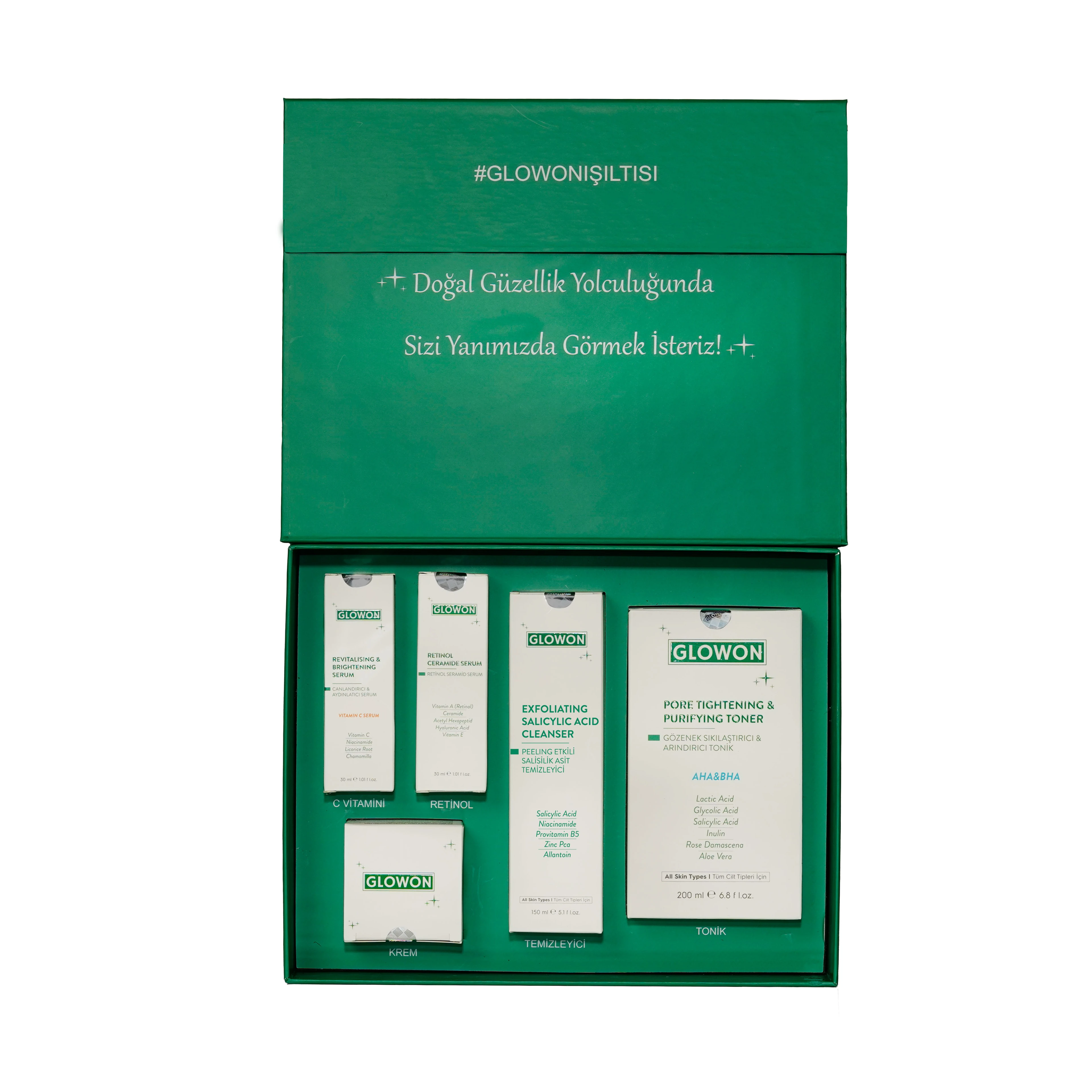 GLOWON Retinol ve C Vitamini İçeren Kapsamlı Gündüz-Gece Cilt Bakım Rutini Seti 5'li