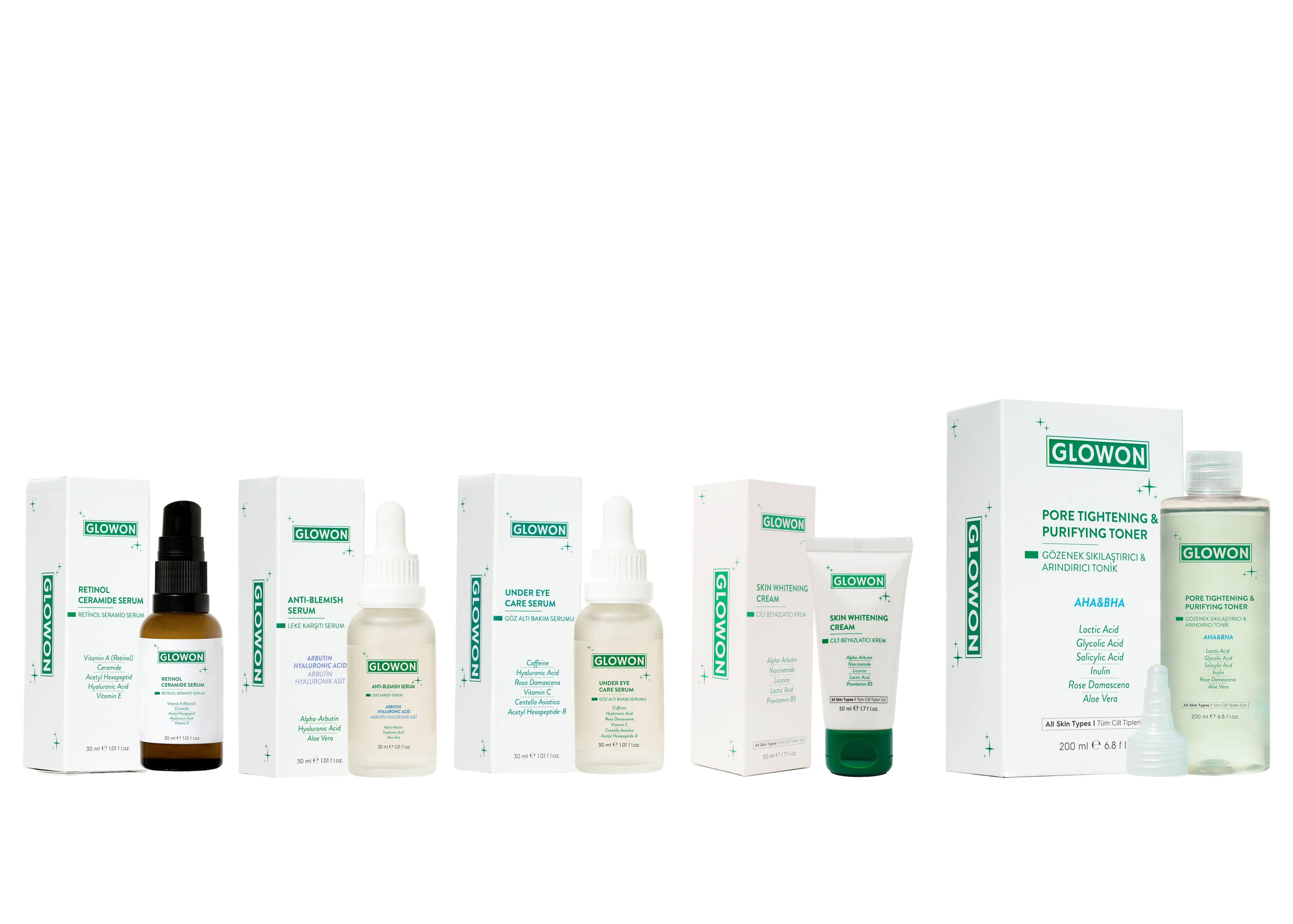GLOWON Retinol ve Leke Karşıtı İçeren Kapsamlı Yaşlanma Karşıtı Bakım Seti 5'li