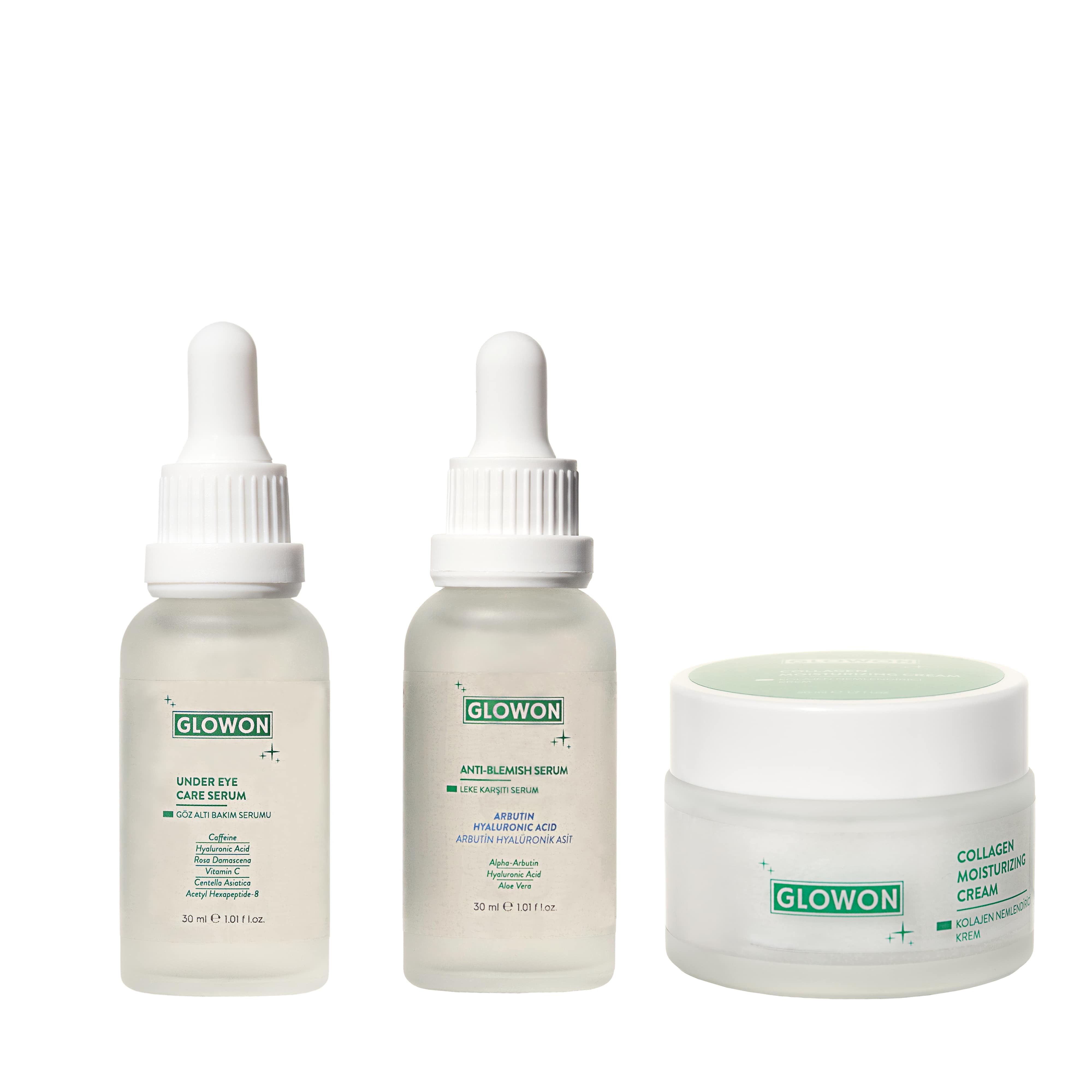 GLOWON Koyu Halka, Leke ve Kırışıklık Karşıtı 3'lü Göz Çevresi Bakım Seti