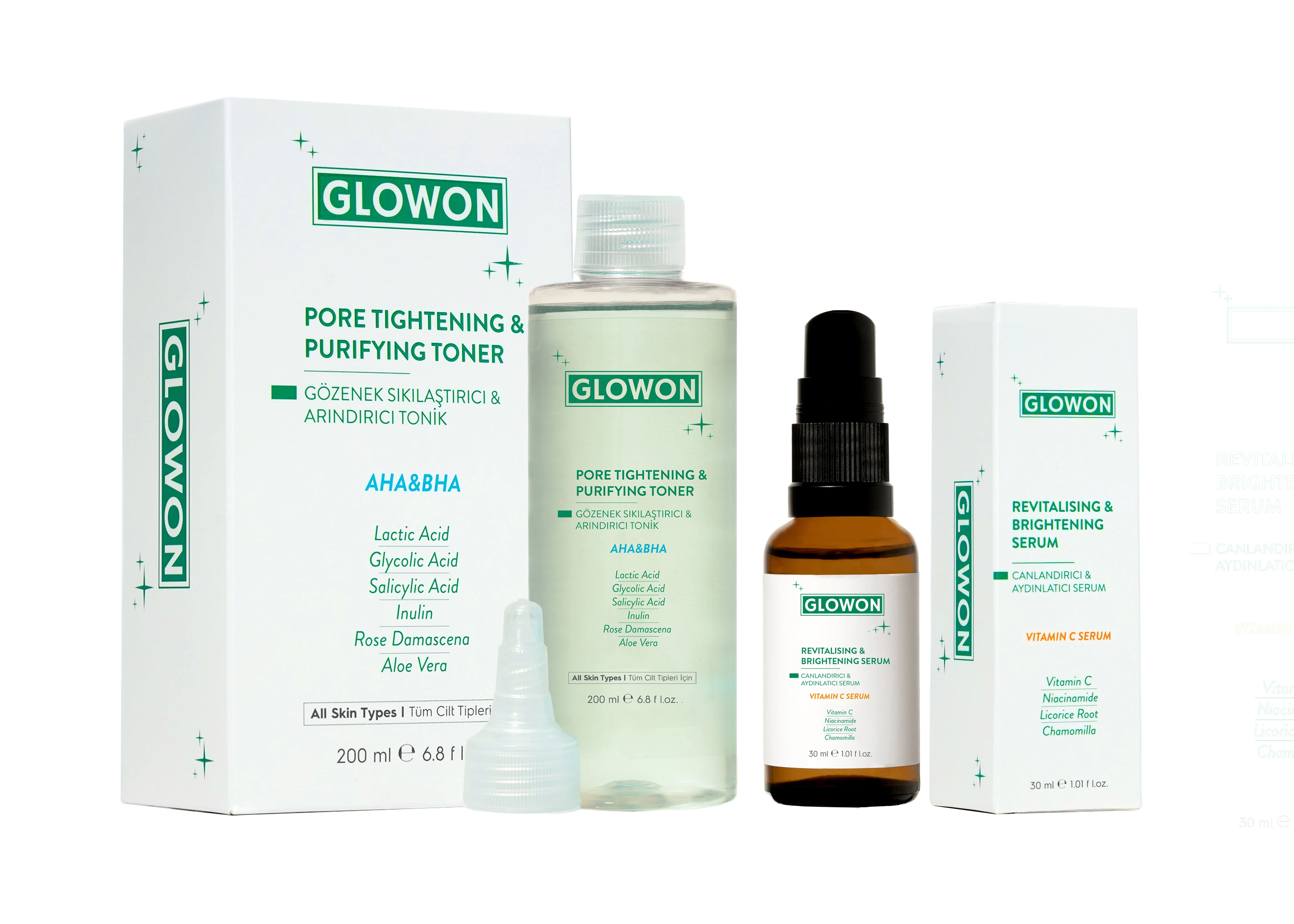 GLOWON Arındırıcı Tonik ve C Vitamini Serumu İçeren Pürüzsüz Cilt Bakım İkili Set