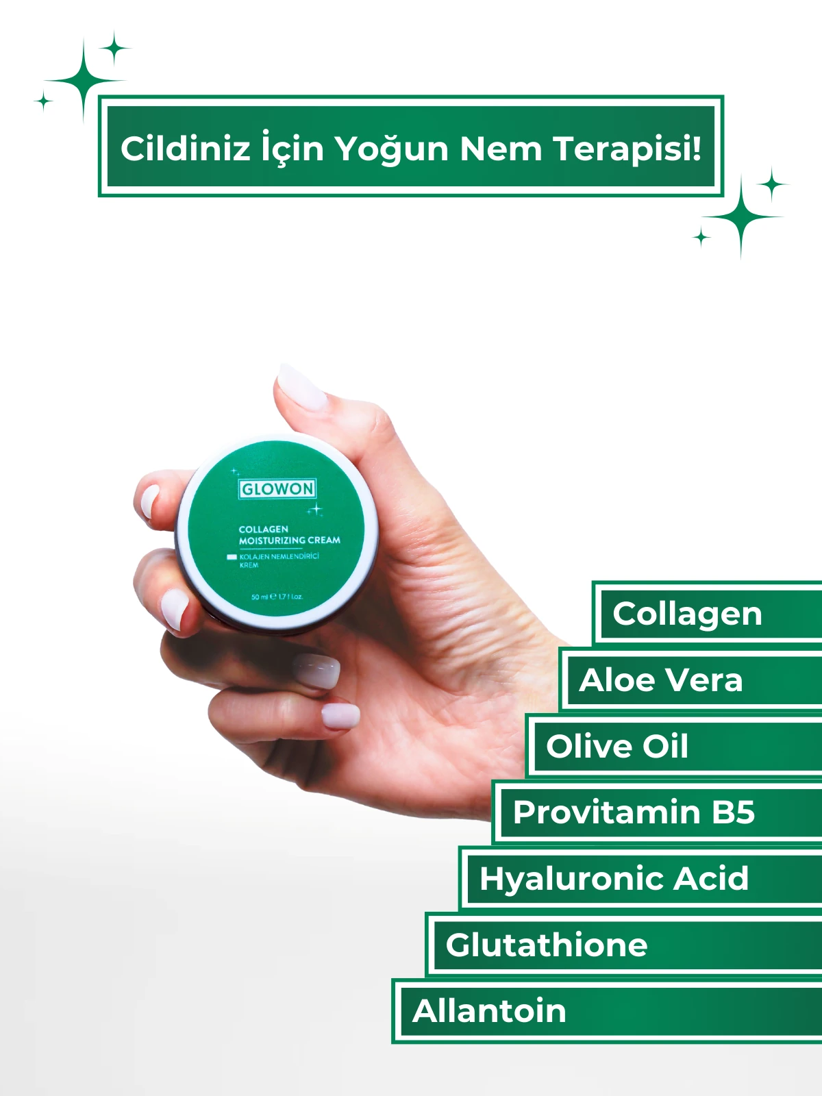 GLOWON Kolajen ve Hyaluronik Asit İçeren Yaşlanma Karşıtı Yoğun Nemlendirici Krem 50ml