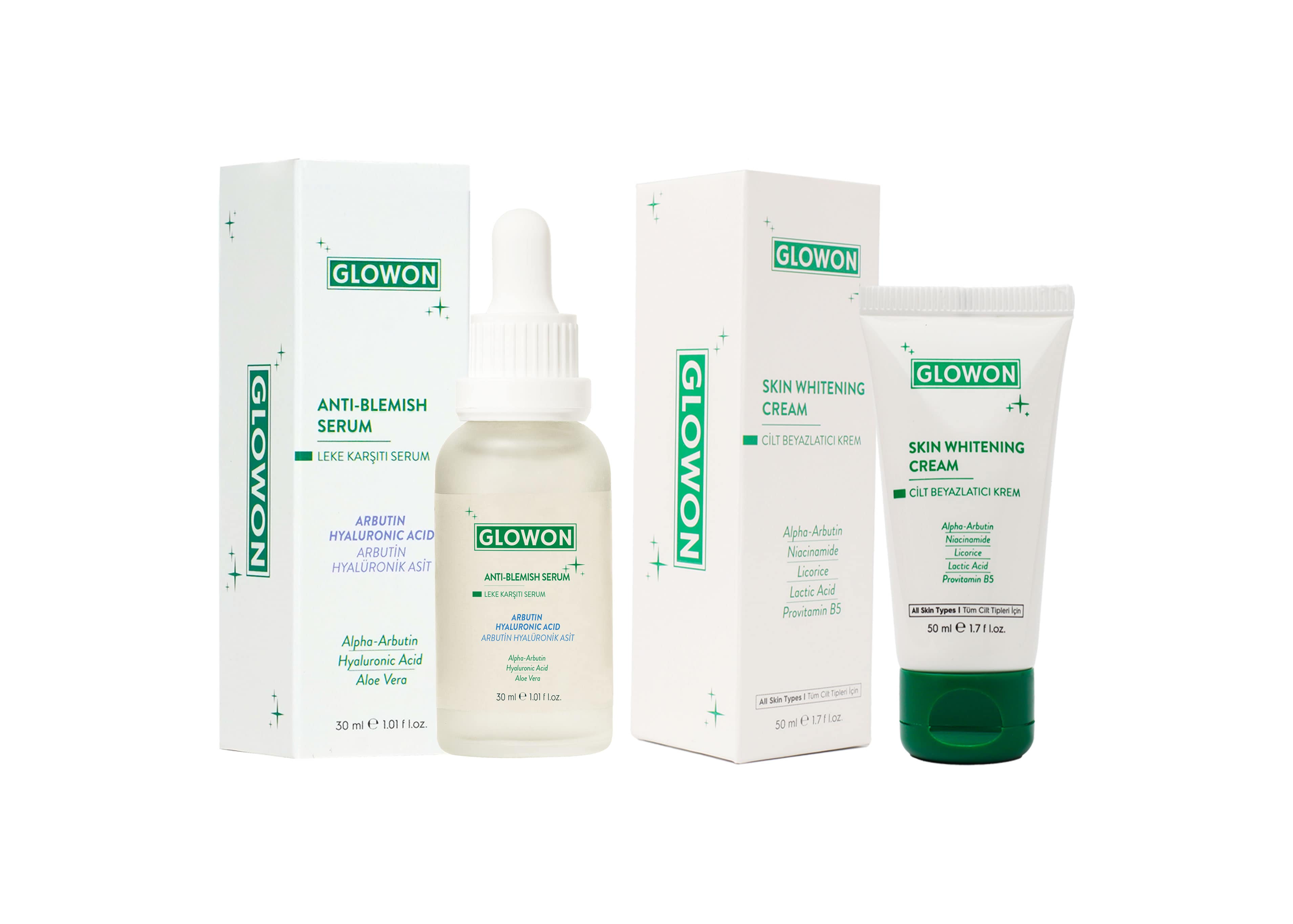 GLOWON Arbutinli Serum ve Nemlendirici Krem İçeren Leke Karşıtı Bakım İkili Set
