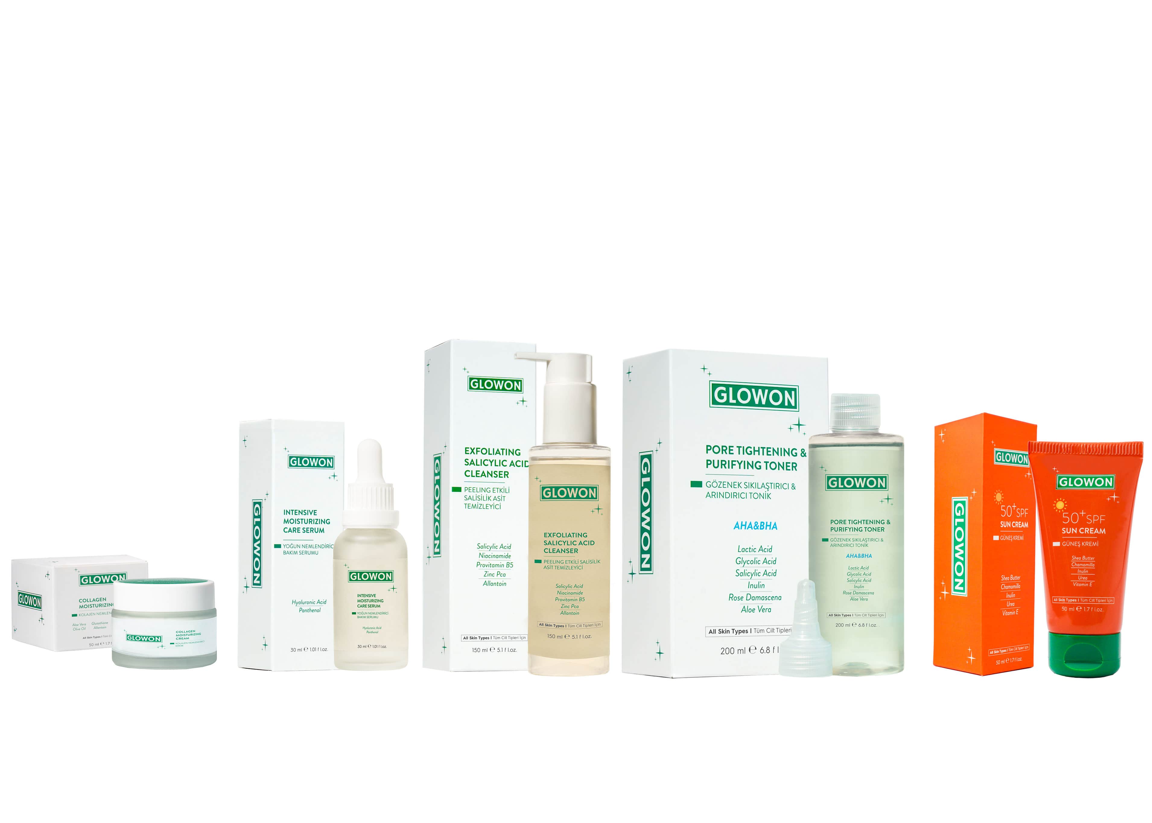 GLOWON 5'li Hyaluronik Asitli Yoğun Nemlendirici ve Koruyucu Bakım Seti SPF 50+