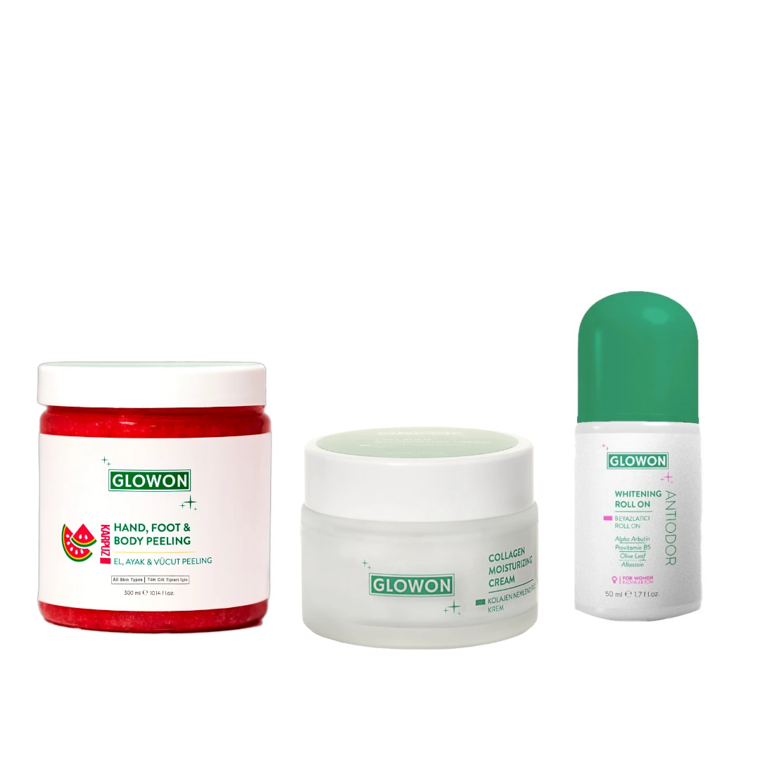 GLOWON Vücut Peelingi, Roll-On ve Nemlendirici Krem İçeren Kapsamlı Vücut Bakım Seti 3'lü