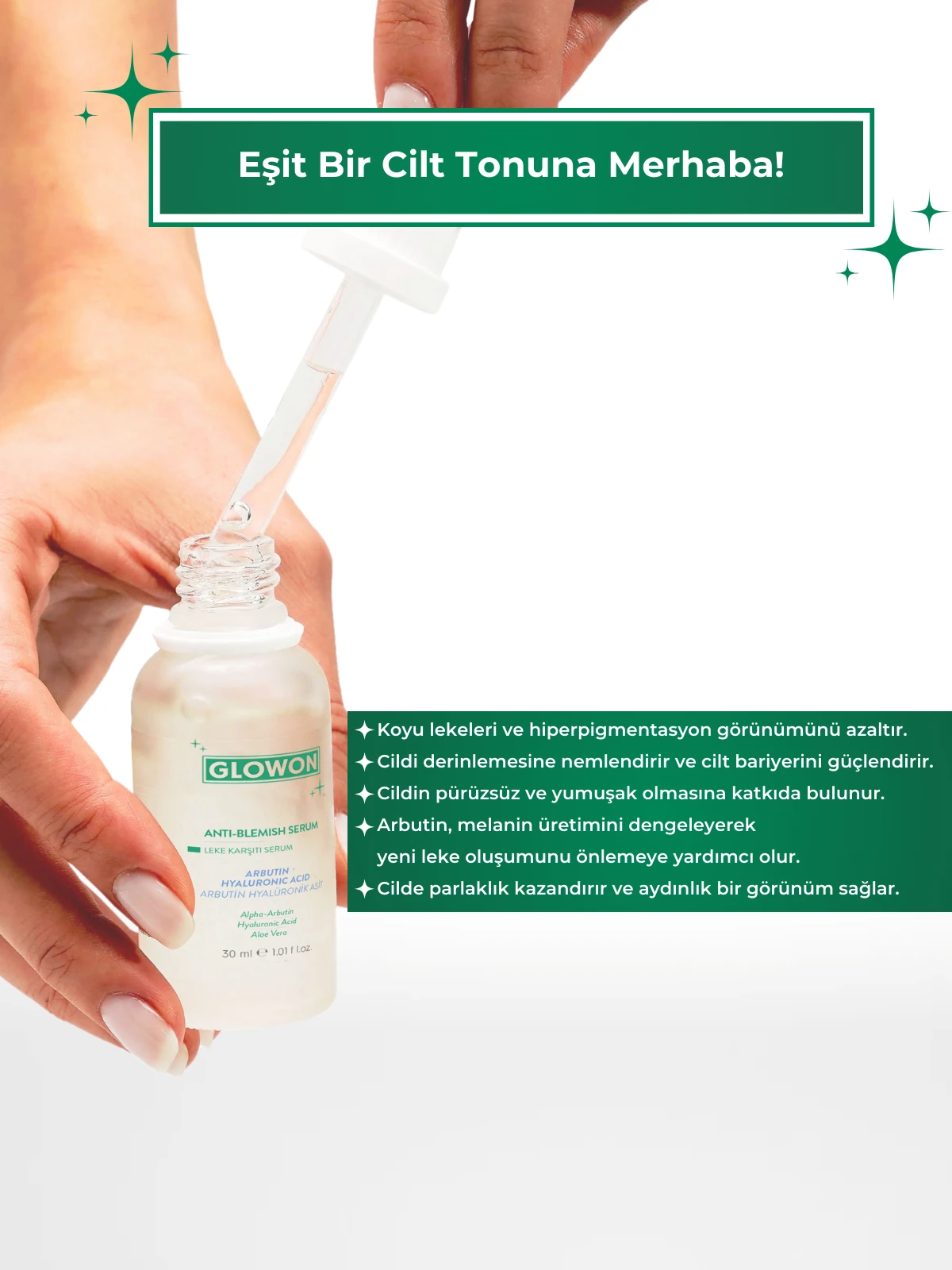 GLOWON Alpha Arbutin ve Hyaluronik Asit İçerikli Leke Karşıtı Serum 30ml