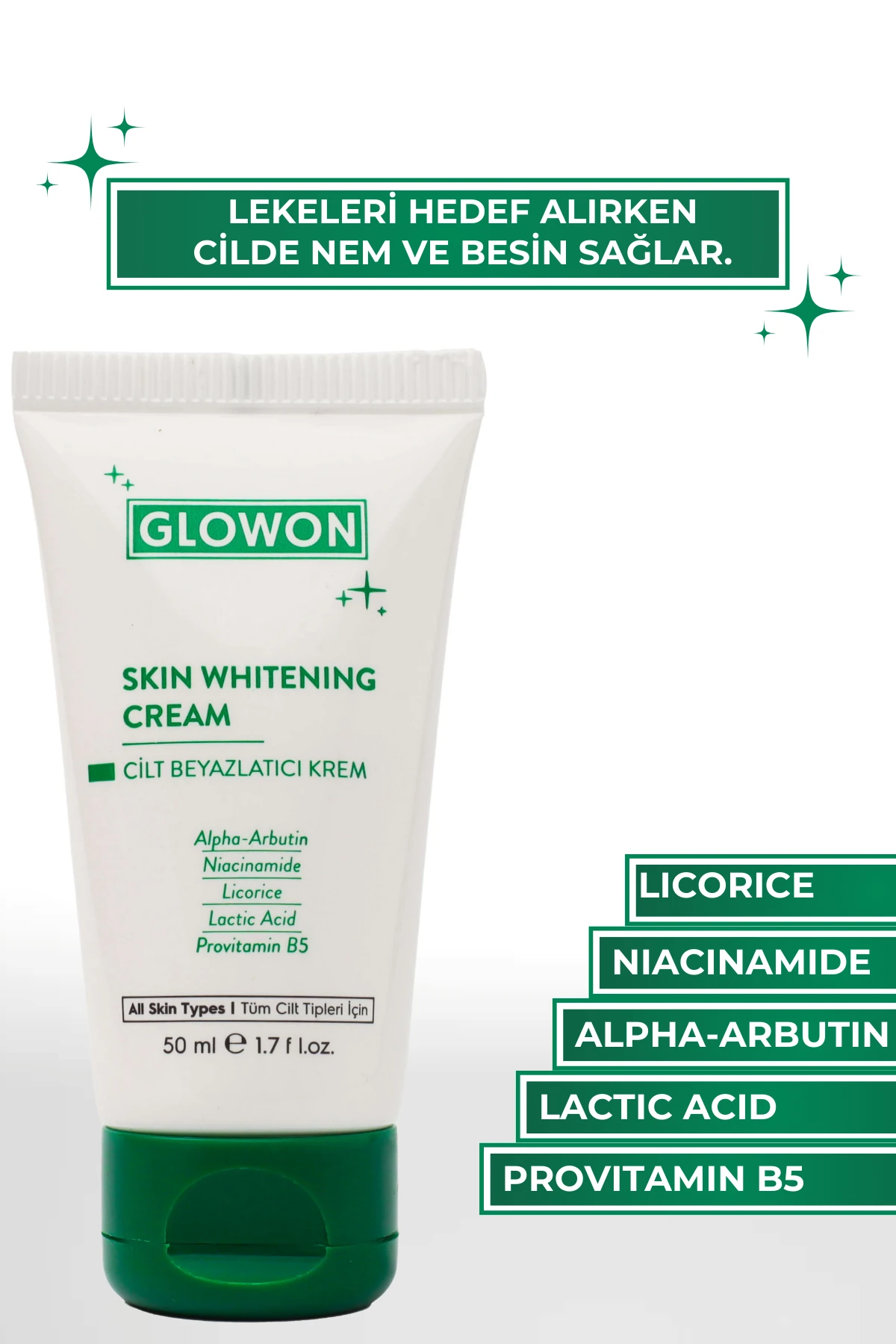 GLOWON Alpha Arbutin ve Niasinamid İçerikli Leke Karşıtı Cilt Beyazlatıcı Krem 50ml