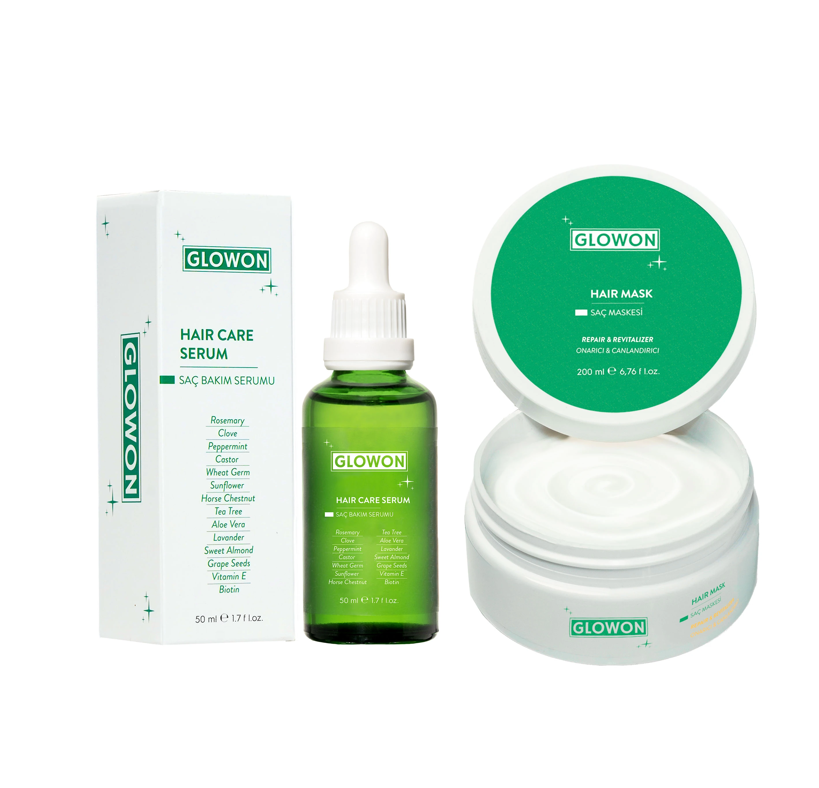 GLOWON Saç Maskesi ve Saç Serumu İçeren Yoğun Nemlendirici Kuru Saç Bakım İkili Set