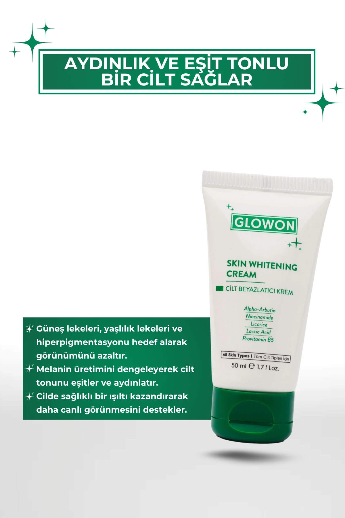 GLOWON Alpha Arbutin ve Niasinamid İçerikli Leke Karşıtı Cilt Beyazlatıcı Krem 50ml