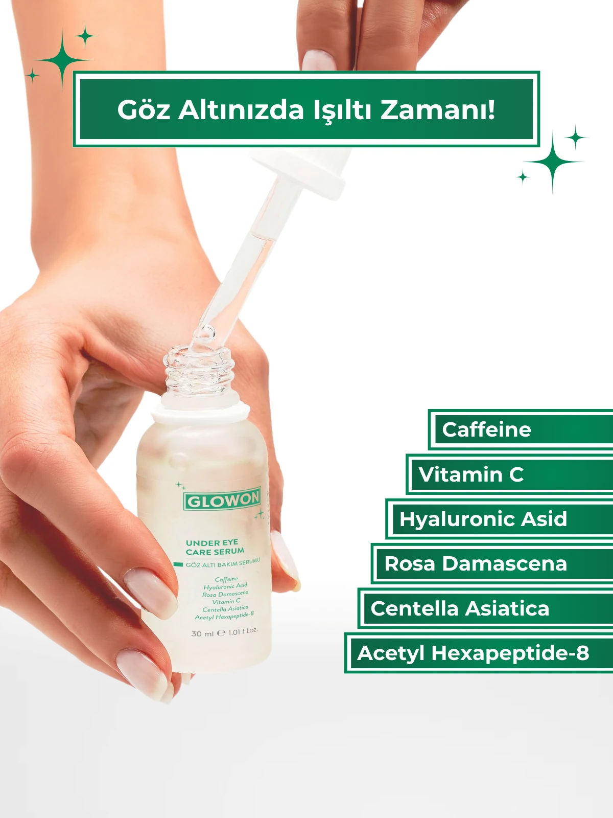 GLOWON Peptit, Kafein ve Hyaluronik Asit İçeren Koyu Halka & Şişlik Karşıtı Göz Altı Bakım Serumu 30ml