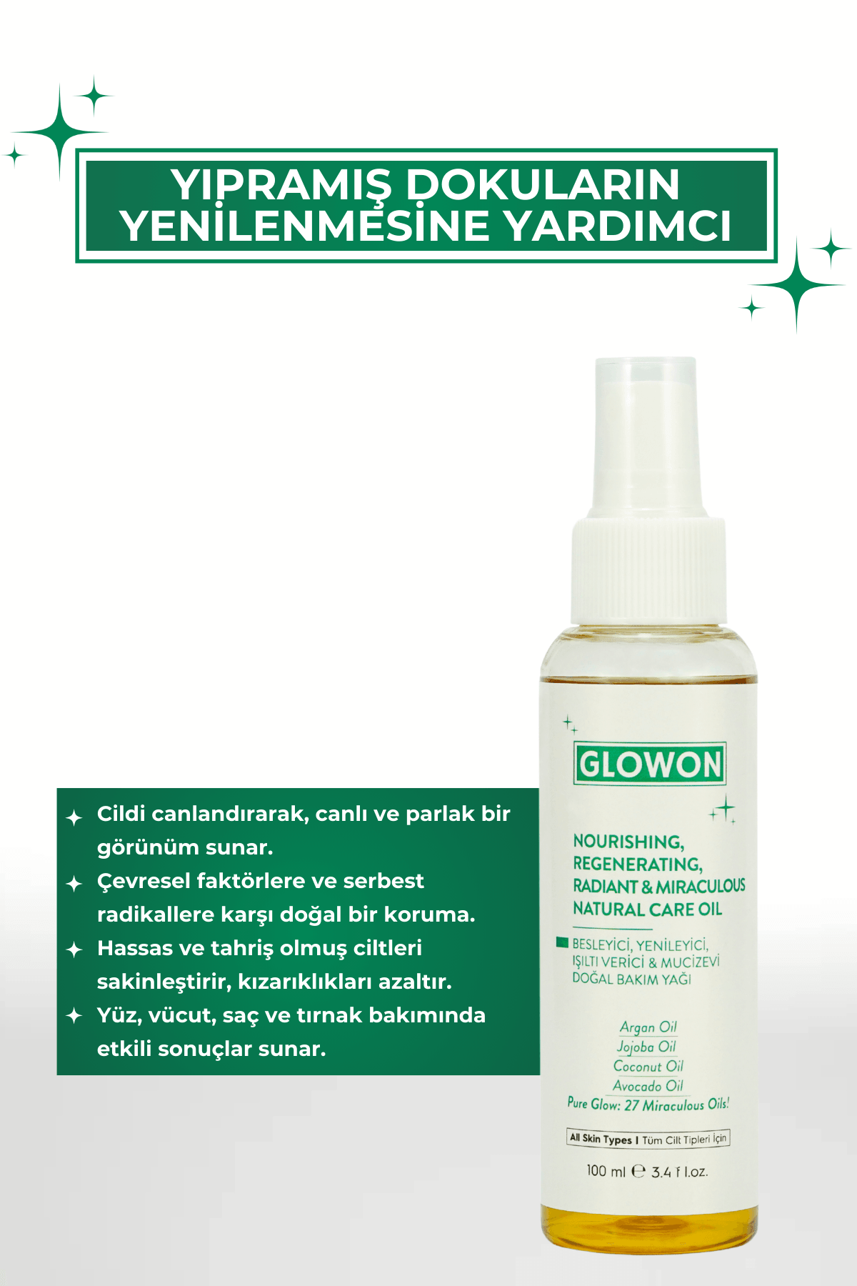 GLOWON BESLEYİCİ, YENİLEYİCİ, IŞILTI VERİCİ & MUCİZEVİ DOĞAL BAKIM YAĞI 100 ML