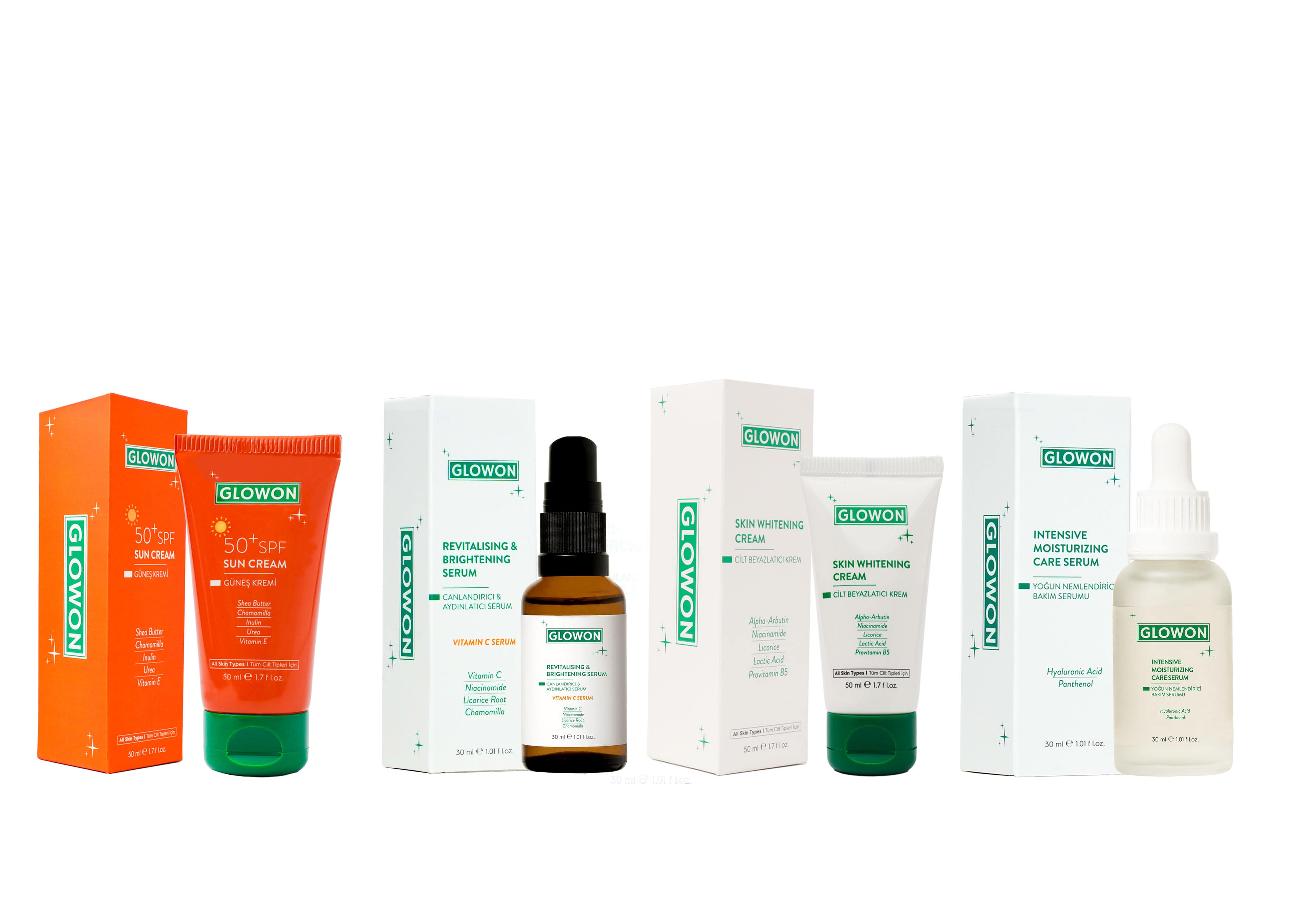 GLOWON SPF 50+ ve C Vitamini İçeren Leke Karşıtı Kapsamlı Güneş Koruma Seti 4'lü
