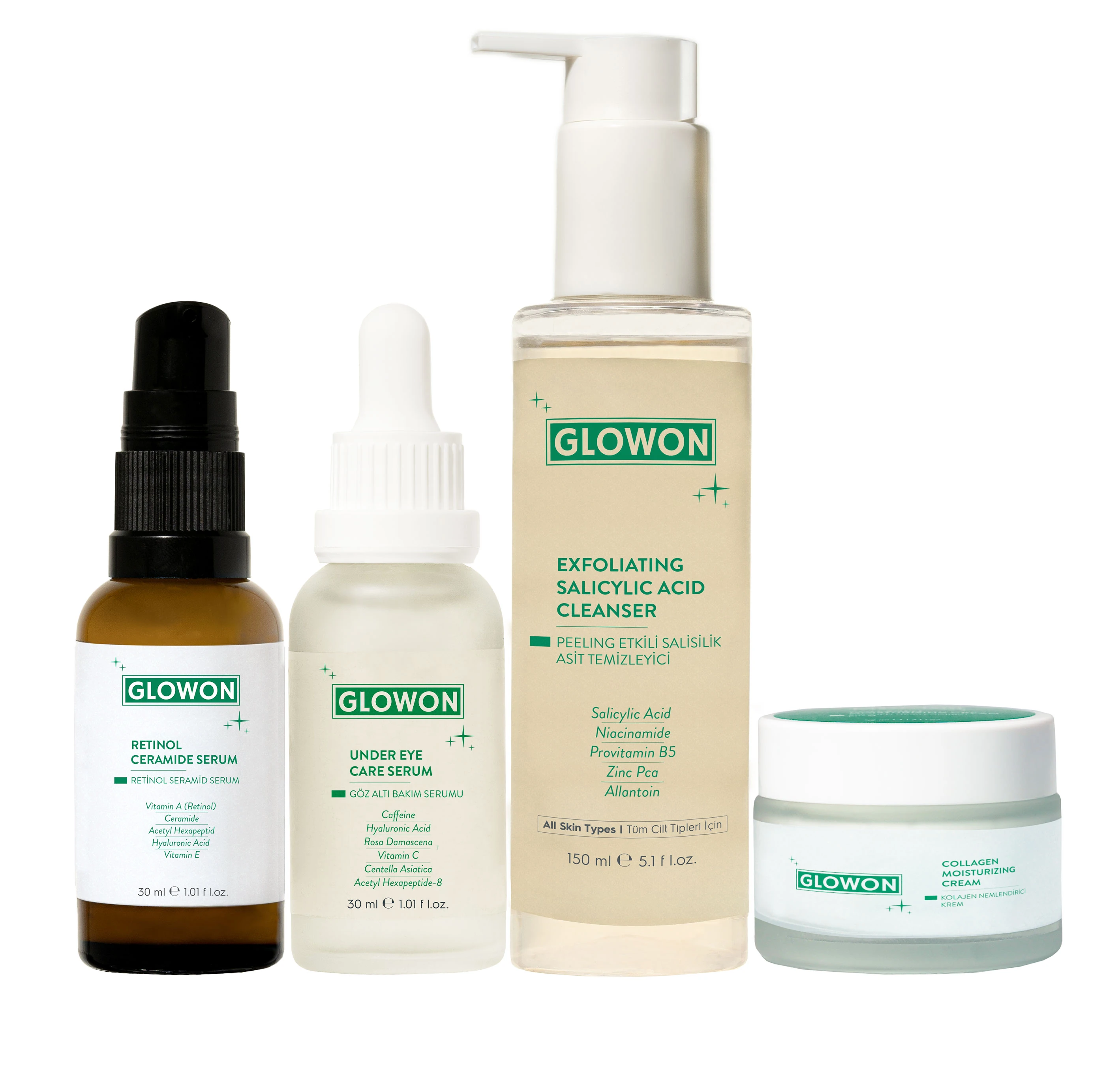 GLOWON Retinol, Göz Altı Serumu ve Krem İçeren Kapsamlı Gece Bakım Seti 4'lü