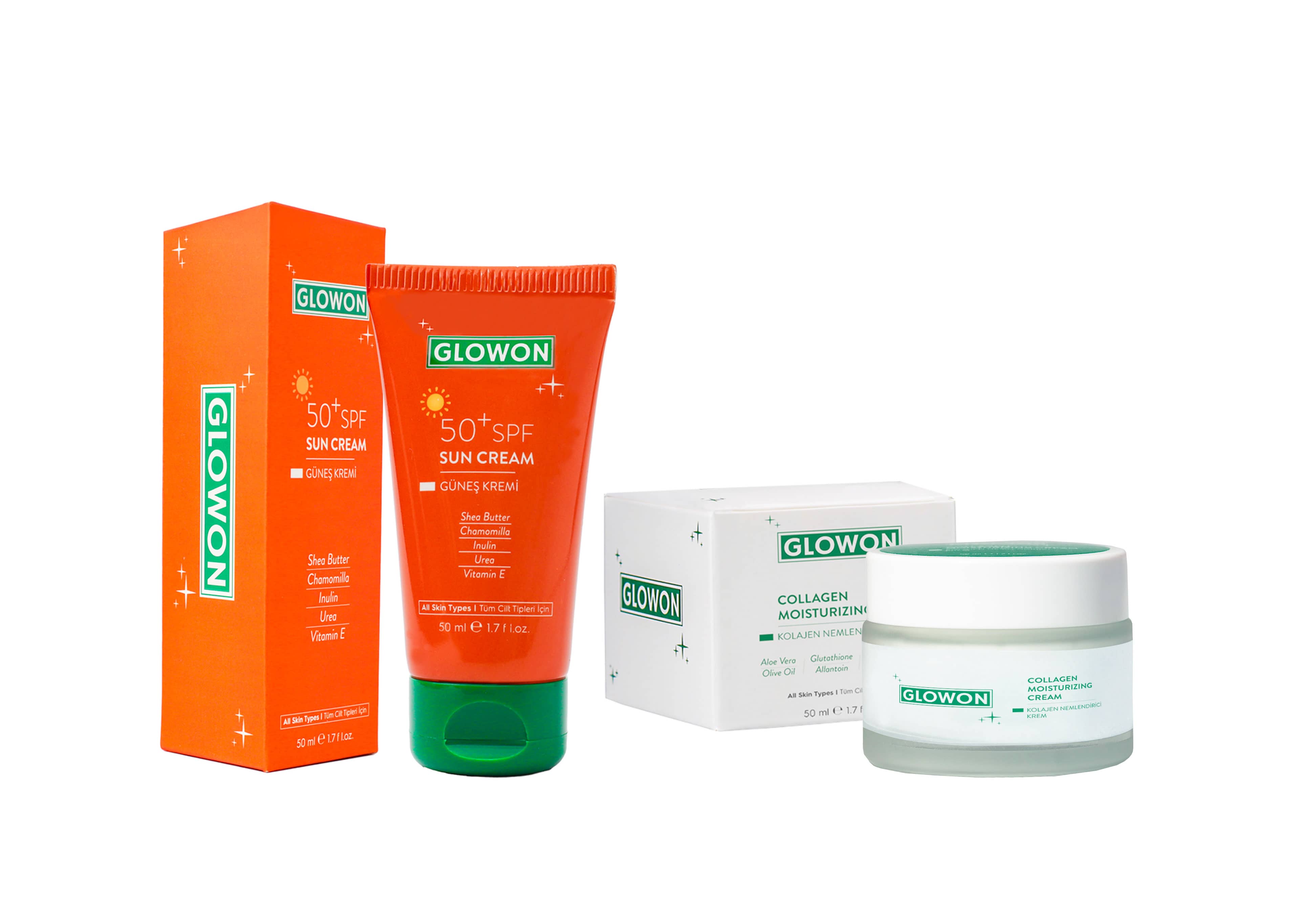GLOWON SPF 50+ Güneş Kremi ve Nemlendirici Krem İçeren Cilt Koruma İkili Seti