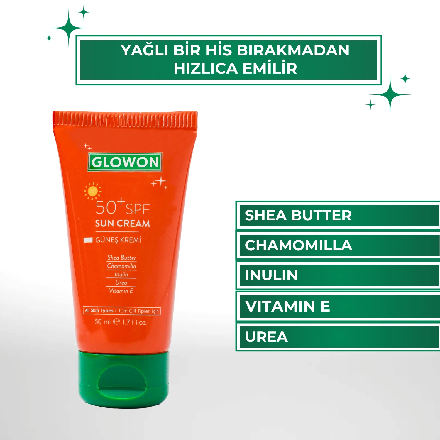 GLOWON SPF 50+ Yüz Güneş Kremi 50ml - Kolajen ve Hyaluronik Asitli Yaşlanma Karşıtı Koruma