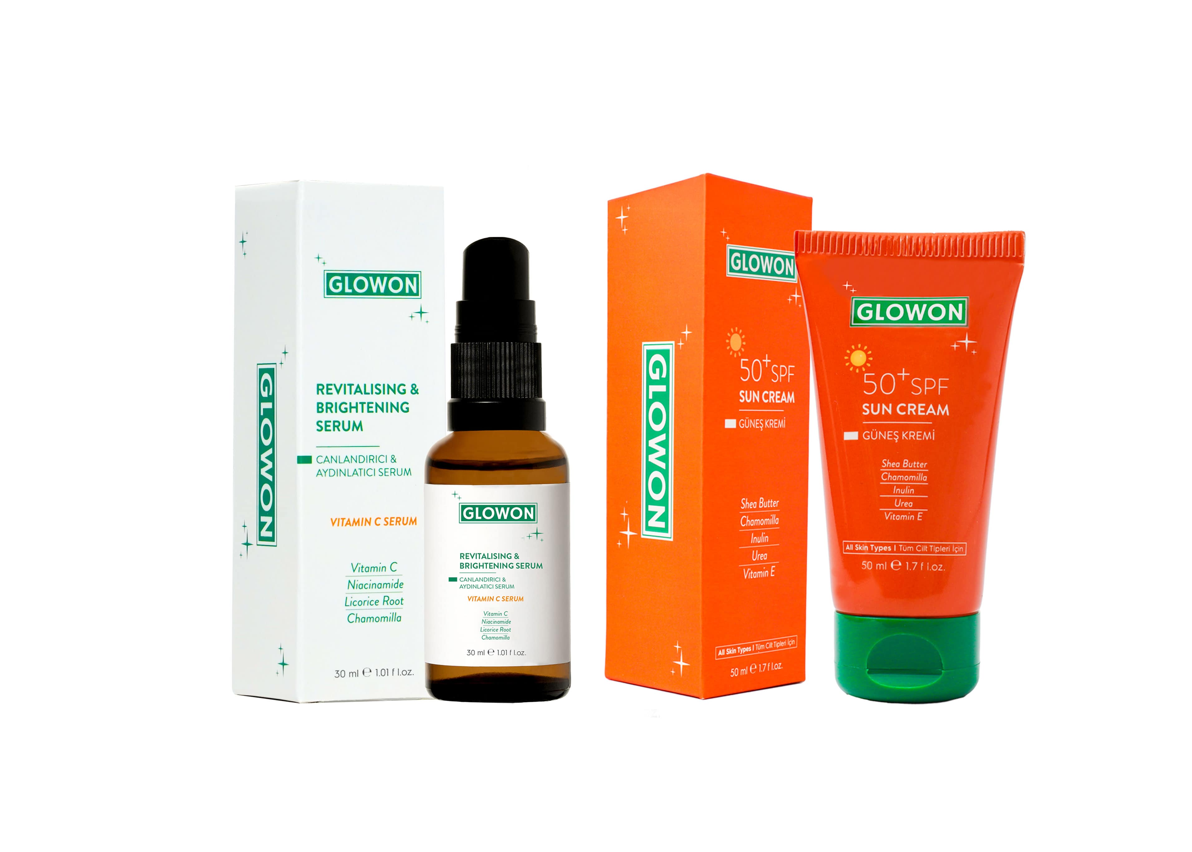 GLOWON C Vitamini Serumu ve SPF 50 Güneş Kremi İçeren Cilt Canlandırıcı İkili Set