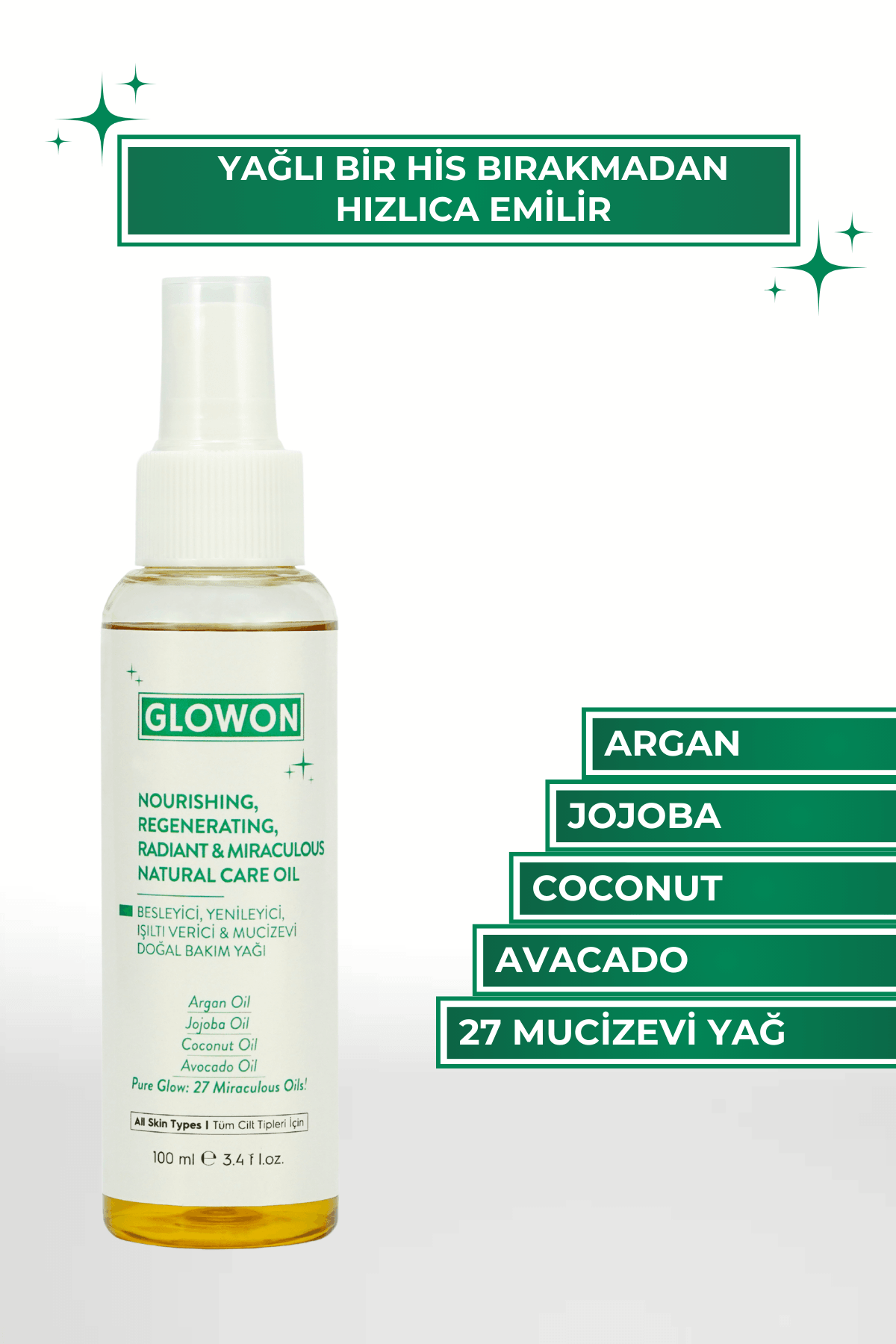 GLOWON BESLEYİCİ, YENİLEYİCİ, IŞILTI VERİCİ & MUCİZEVİ DOĞAL BAKIM YAĞI 100 ML