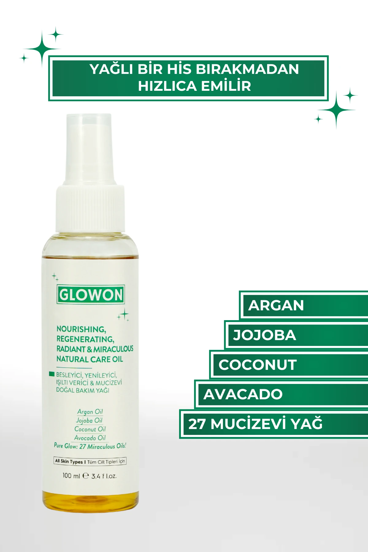 GLOWON 27 Bitkisel Yağ İçeren Mucizevi Doğal Bakım Yağı 100ml - Yüz, Saç ve Vücut İçin
