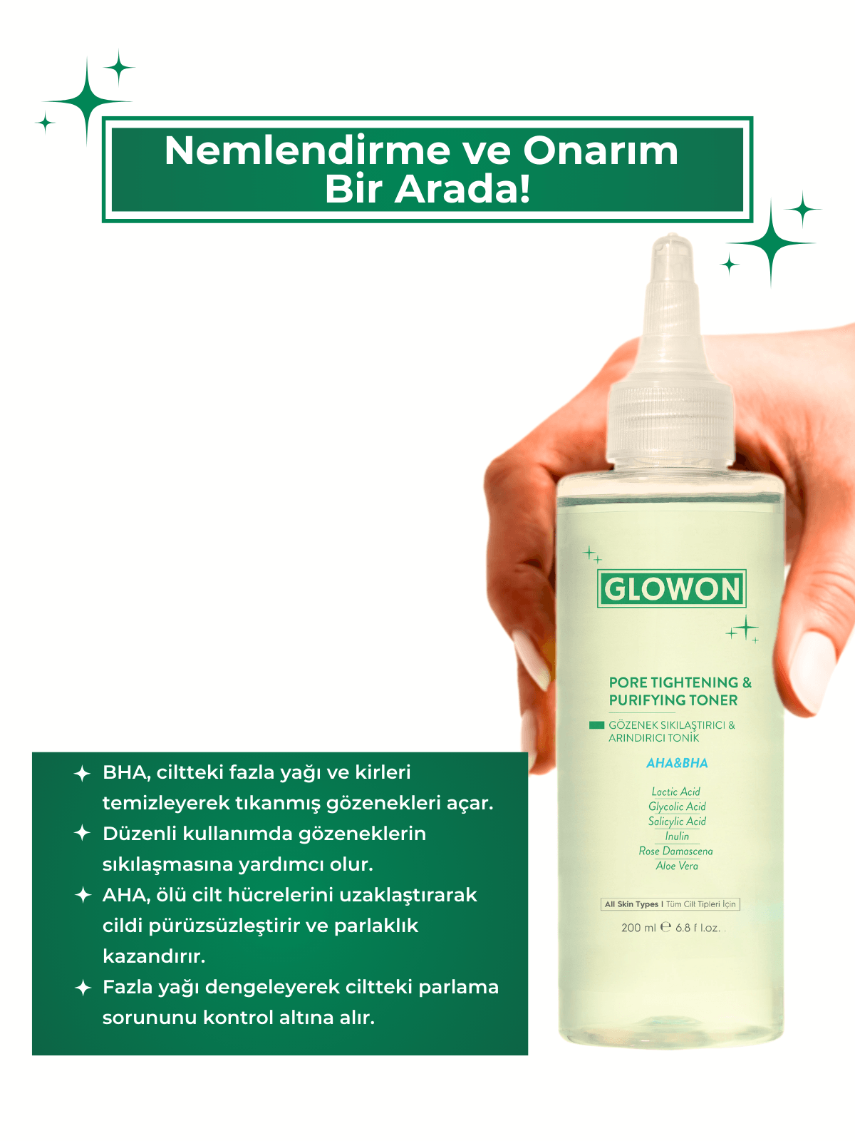 GLOWON GÖZENEK SIKILAŞTIRICI VE ARINDIRICI TONİK – AHA&BHA 200 ML