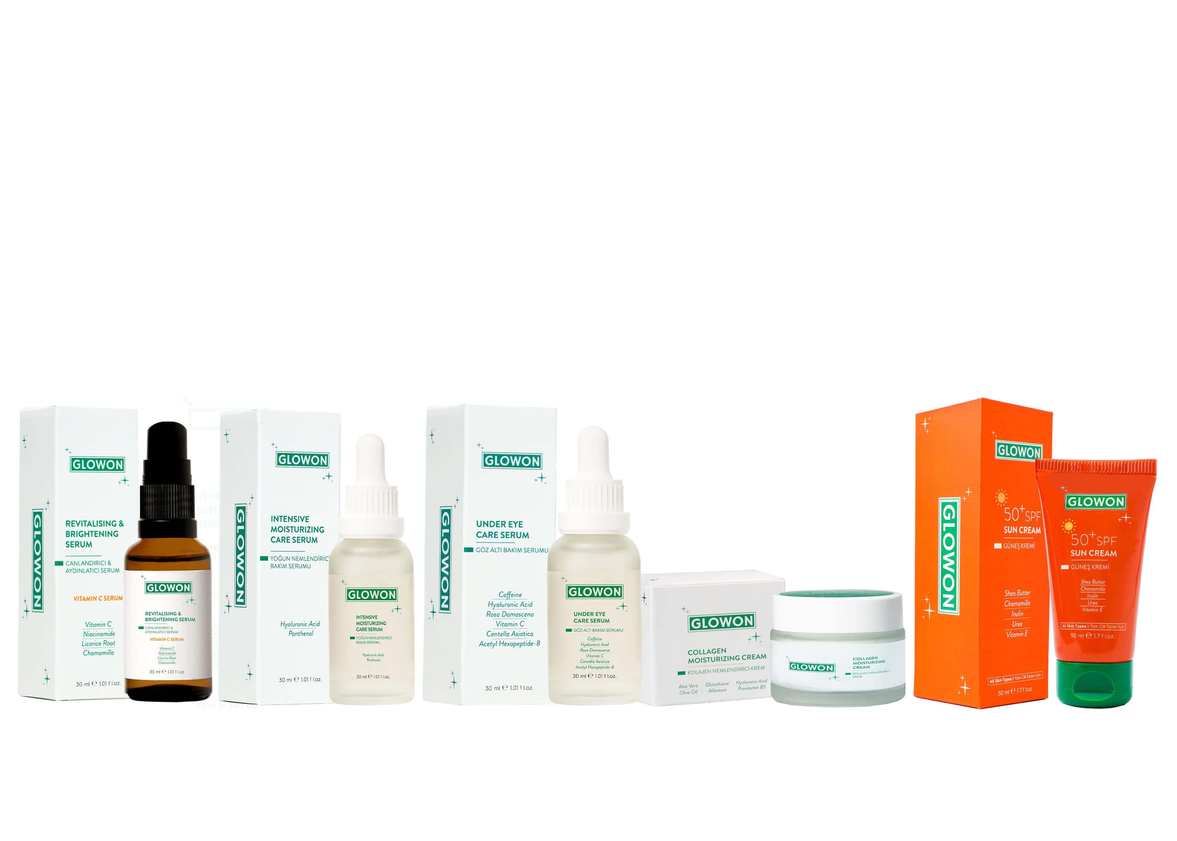 GLOWON SPF 50 Korumalı C Vitamini ve Nemlendirici İçeren 5'li Günlük Bakım Seti