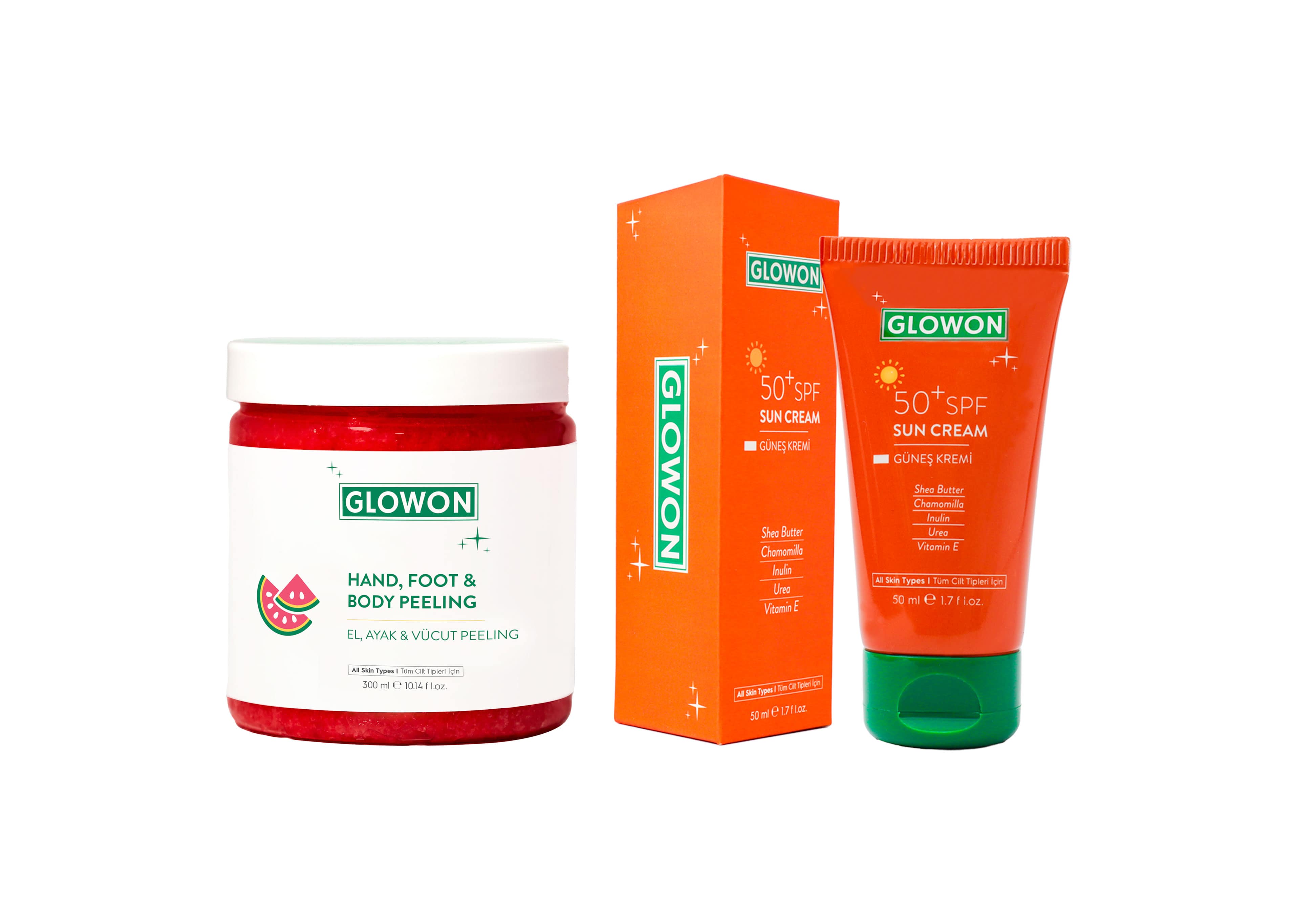 GLOWON SPF 50+ Güneş Kremi ve Vücut Peelingi İçeren Yaz Bakım İkili Seti