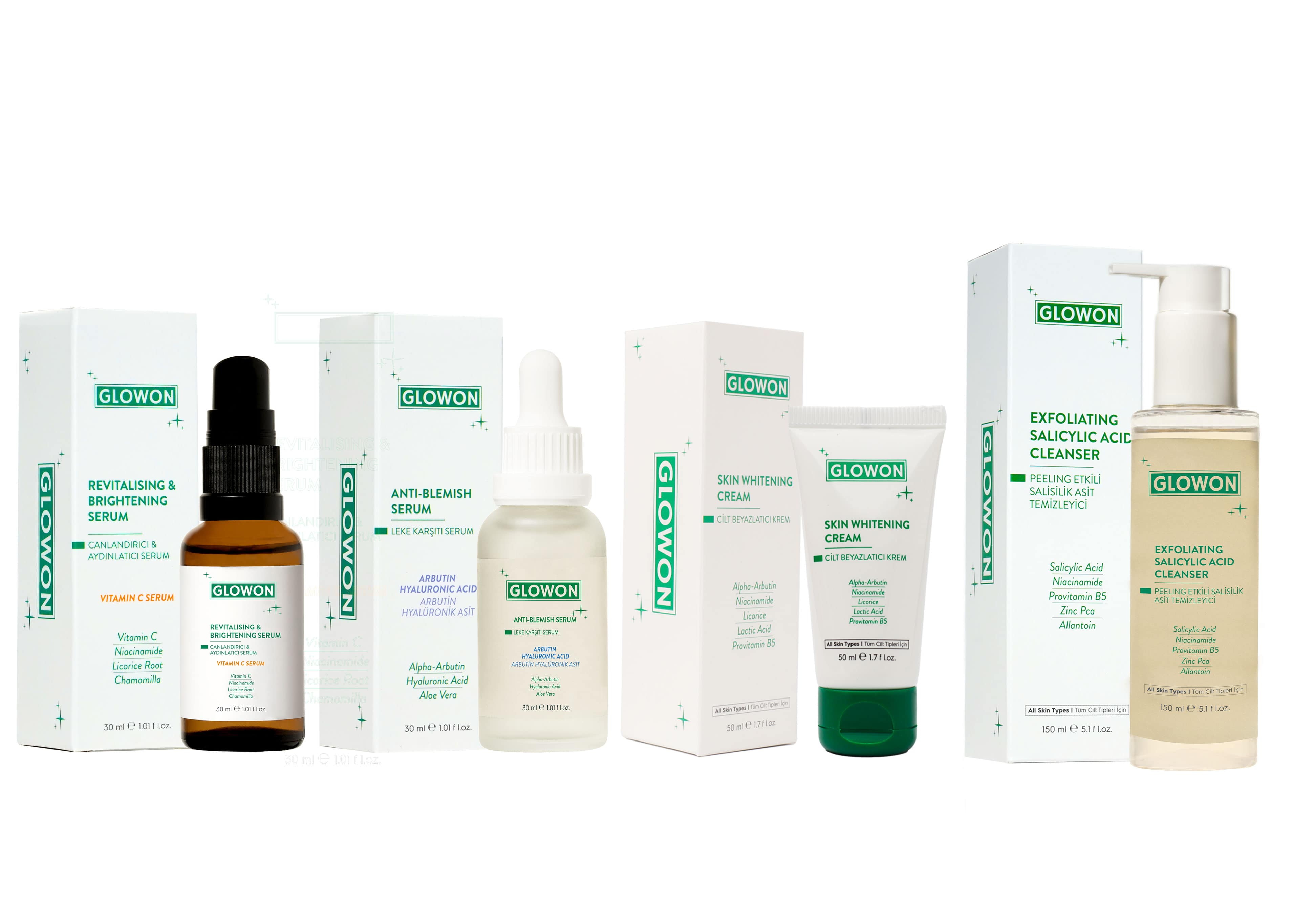 GLOWON Leke Karşıtı & Aydınlatıcı Cilt Bakım Seti C Vitamini, Arbutin, Cilt Beyazlatıcı