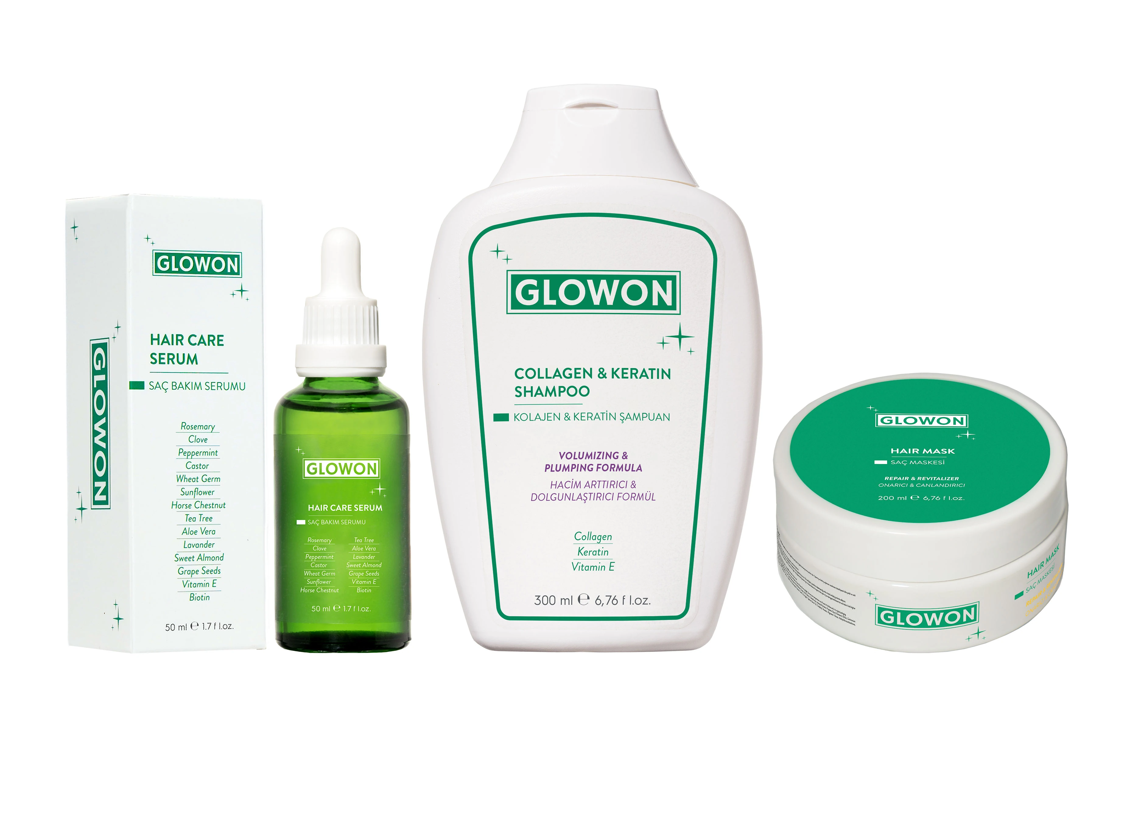 GLOWON Kolajen & Keratin İçeren 3'lü Saç Bakım Seti Şampuan, Serum, Maske - Hacim ve Onarım