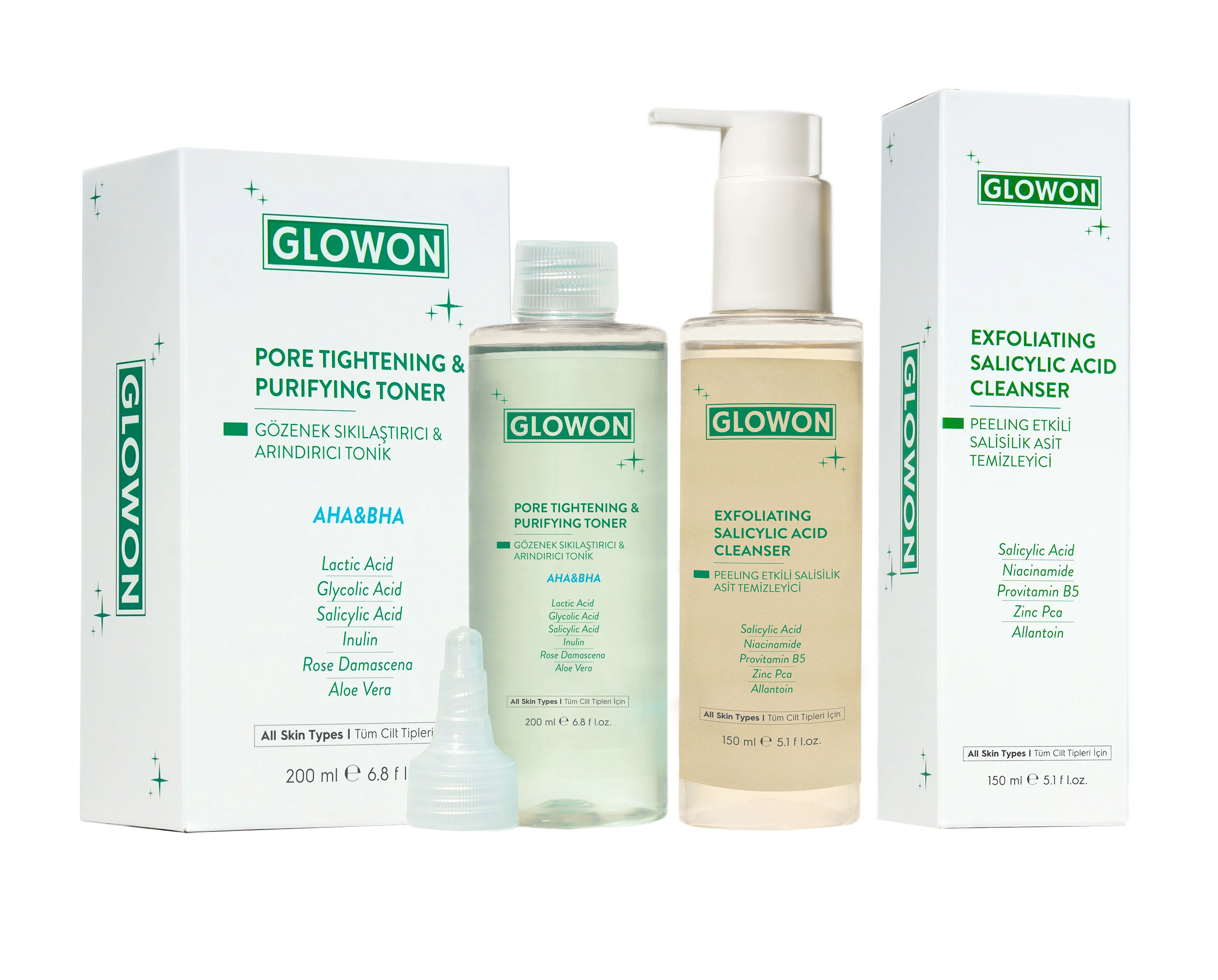 GLOWON Yüz Temizleme Jeli ve Tonik İçeren Günlük Cilt Temizliği İkili Set - Gözenek Sıkılaştırıcı