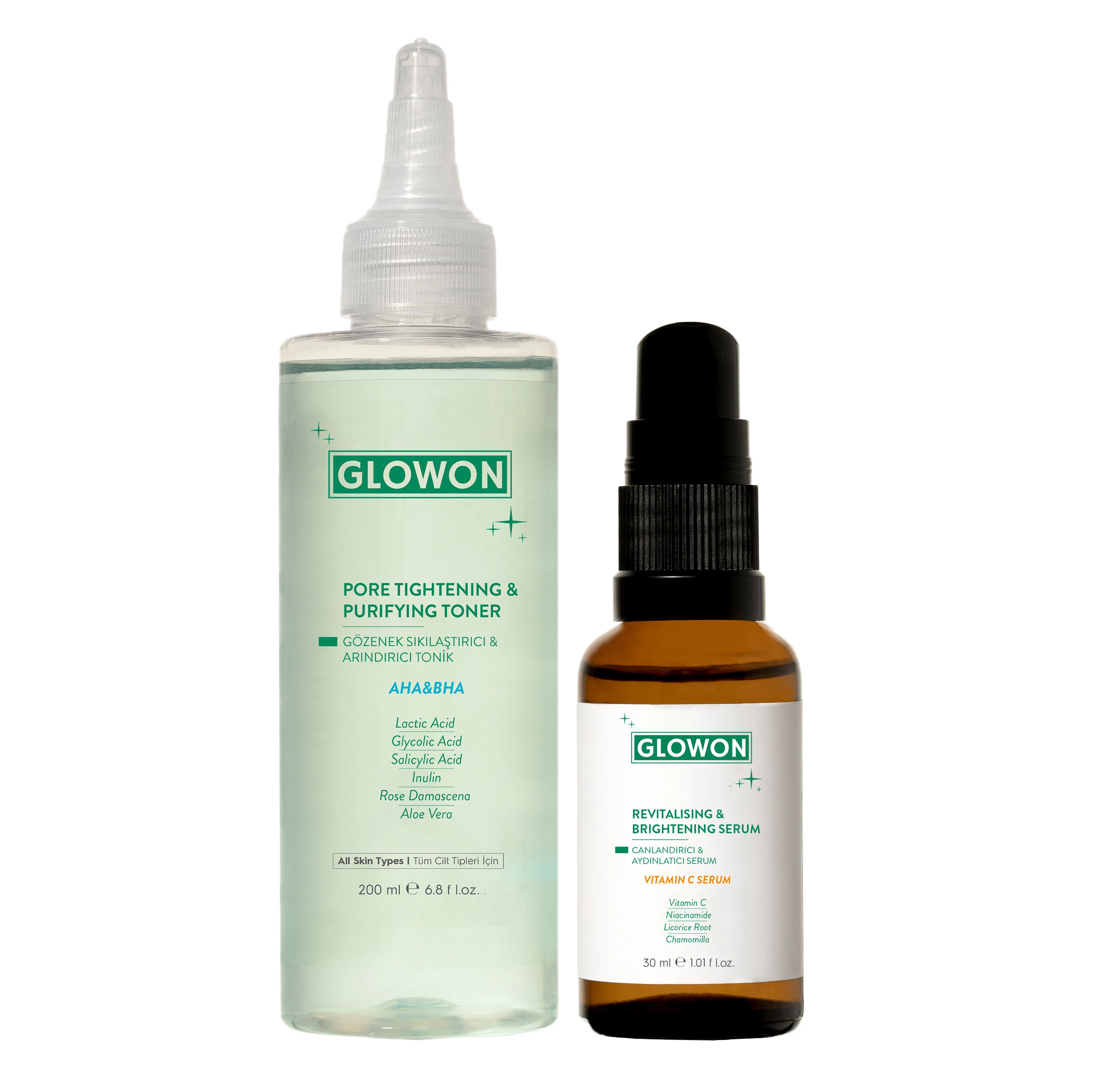 GLOWON Arındırıcı Tonik ve C Vitamini Serumu İçeren Pürüzsüz Cilt Bakım İkili Set
