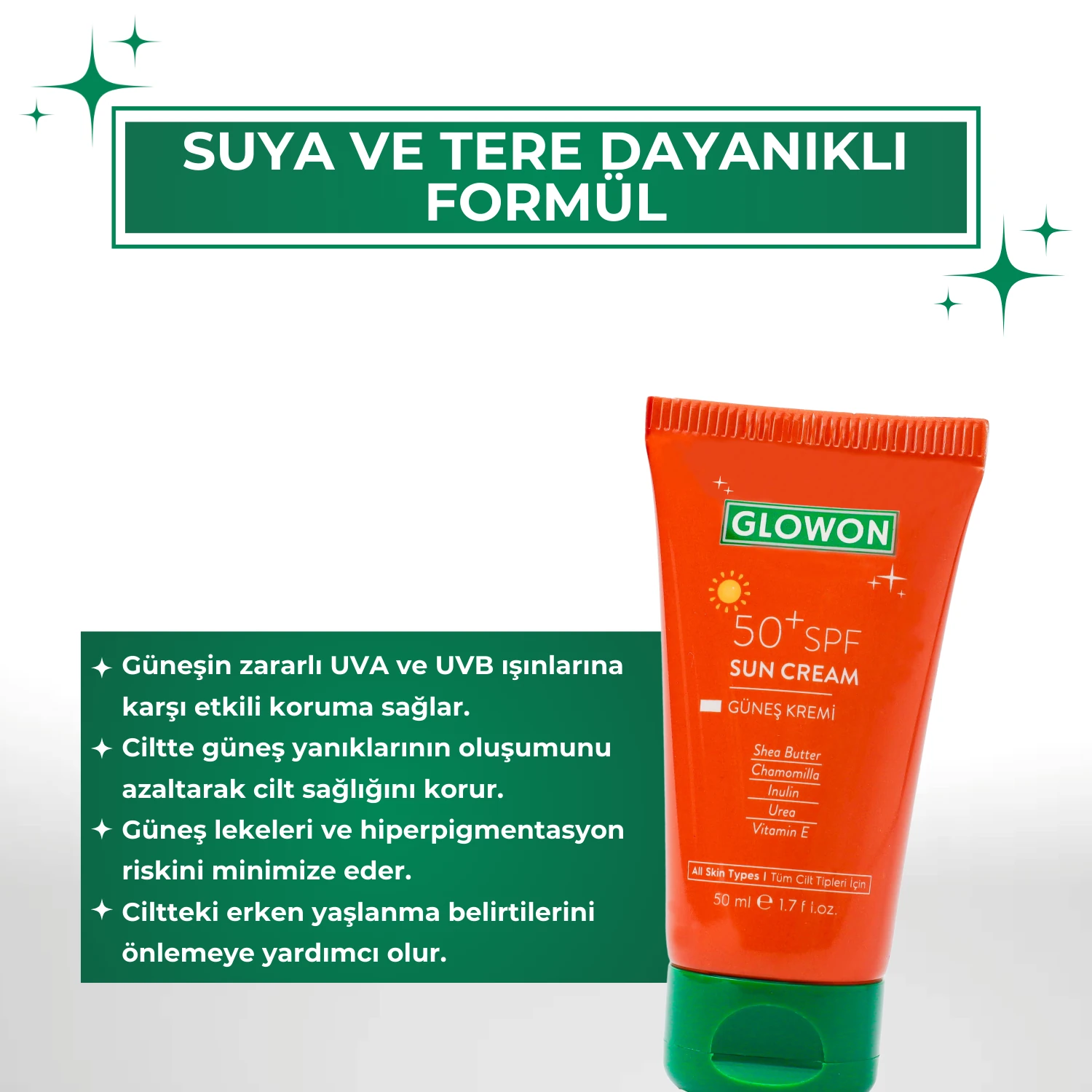 GLOWON SPF 50+ Yüz Güneş Kremi 50ml - Kolajen ve Hyaluronik Asitli Yaşlanma Karşıtı Koruma