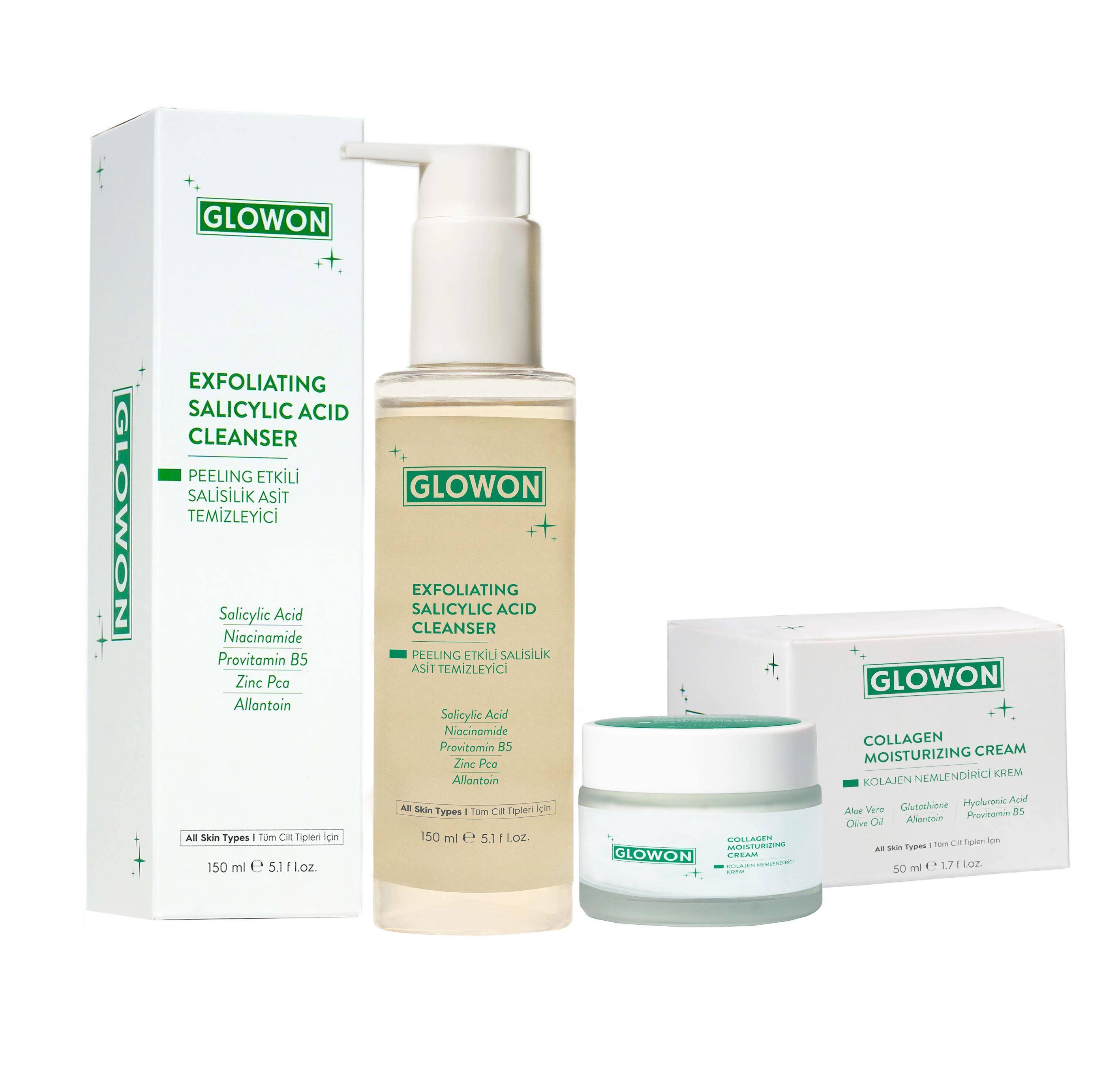 GLOWON Yüz Temizleyici Jel ve Kolajenli Nemlendirici Krem İçeren Hızlı Cilt Bakım İkili Set