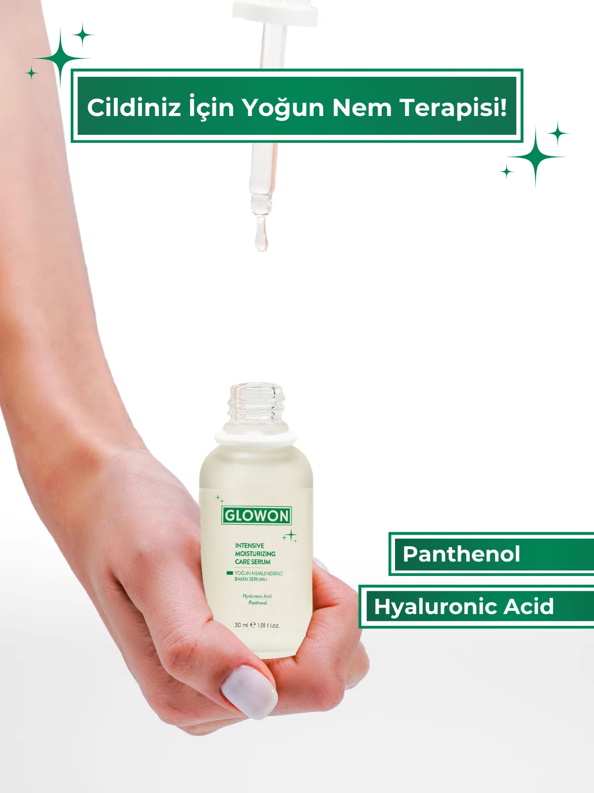 GLOWON Hyaluronik Asit ve Panthenol İçeren Yoğun Nemlendirici Bakım Serumu 30ml