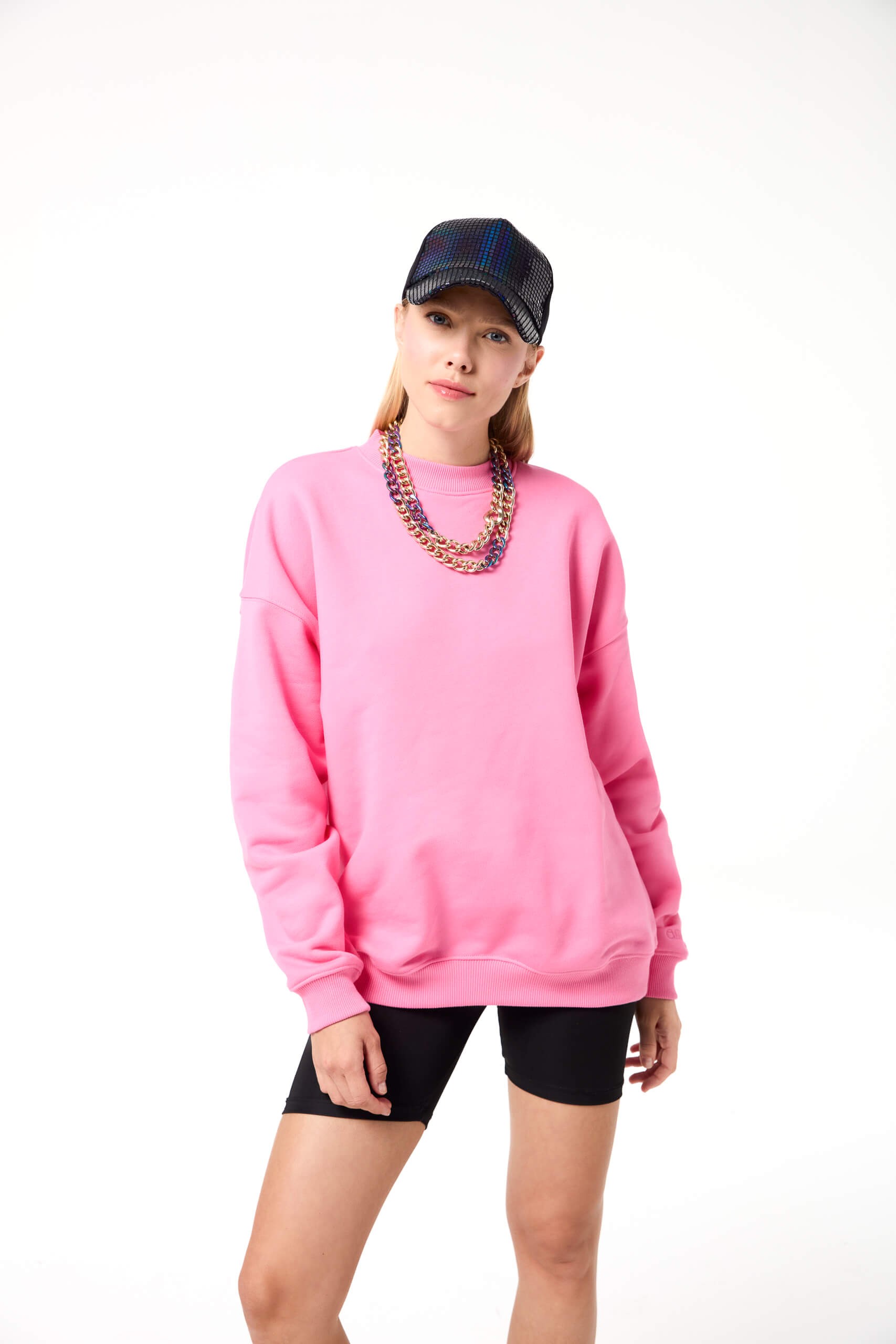 Logo Nakışlı Oversize Basic Sweatshirt - Pembe