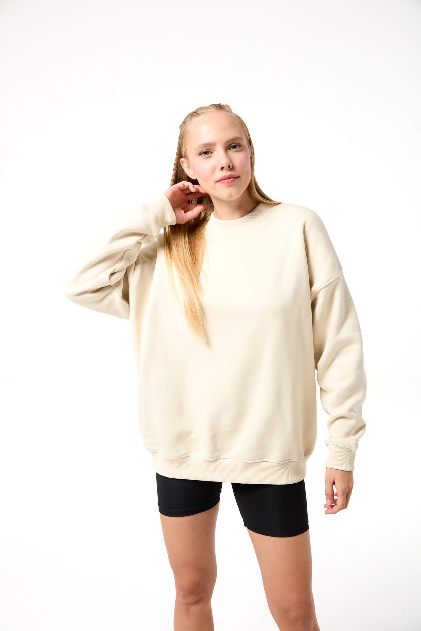 Logo Nakışlı Oversize Basic Sweatshirt - Krem