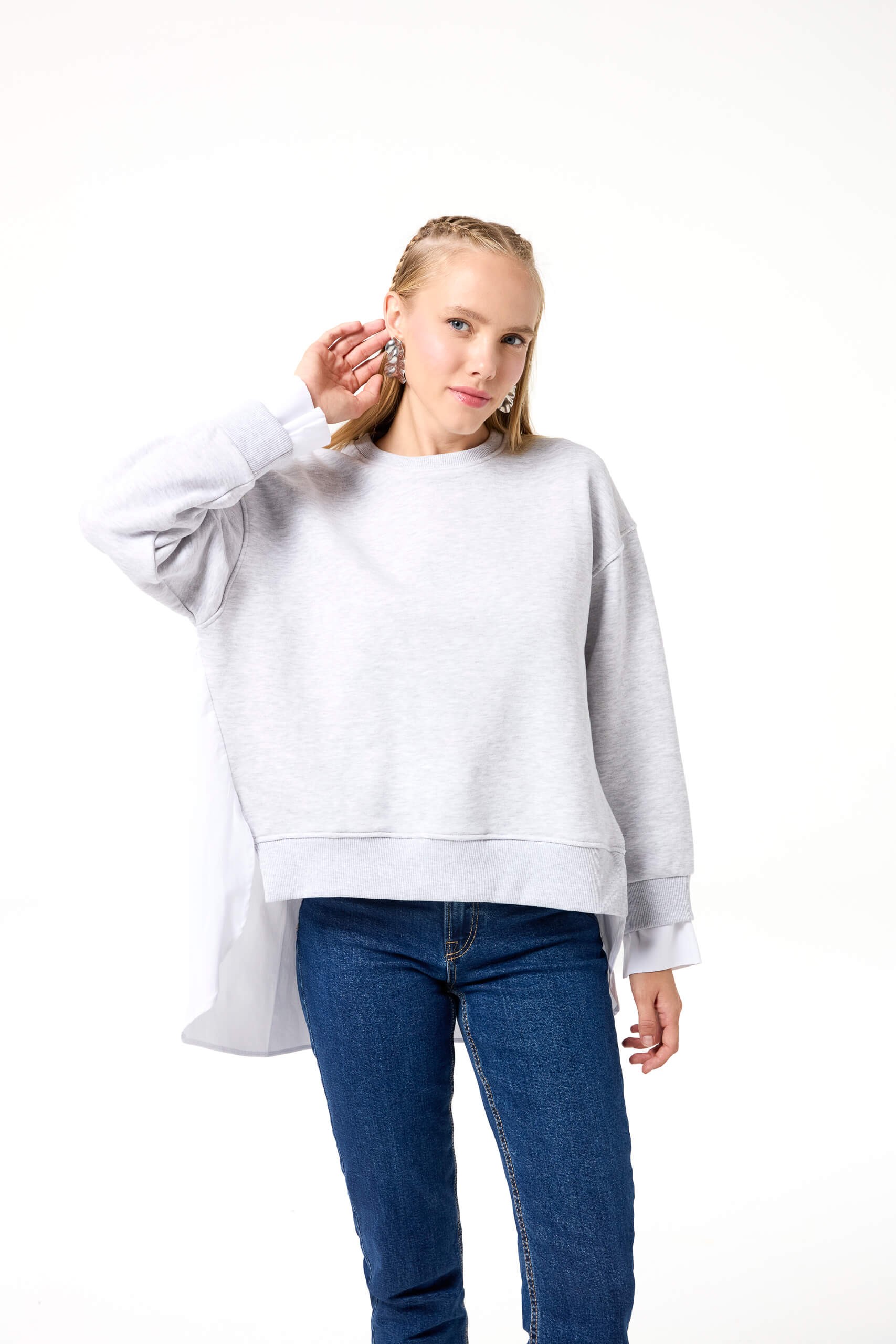 Bisiklet Yaka Poplin Detaylı Sweatshirt