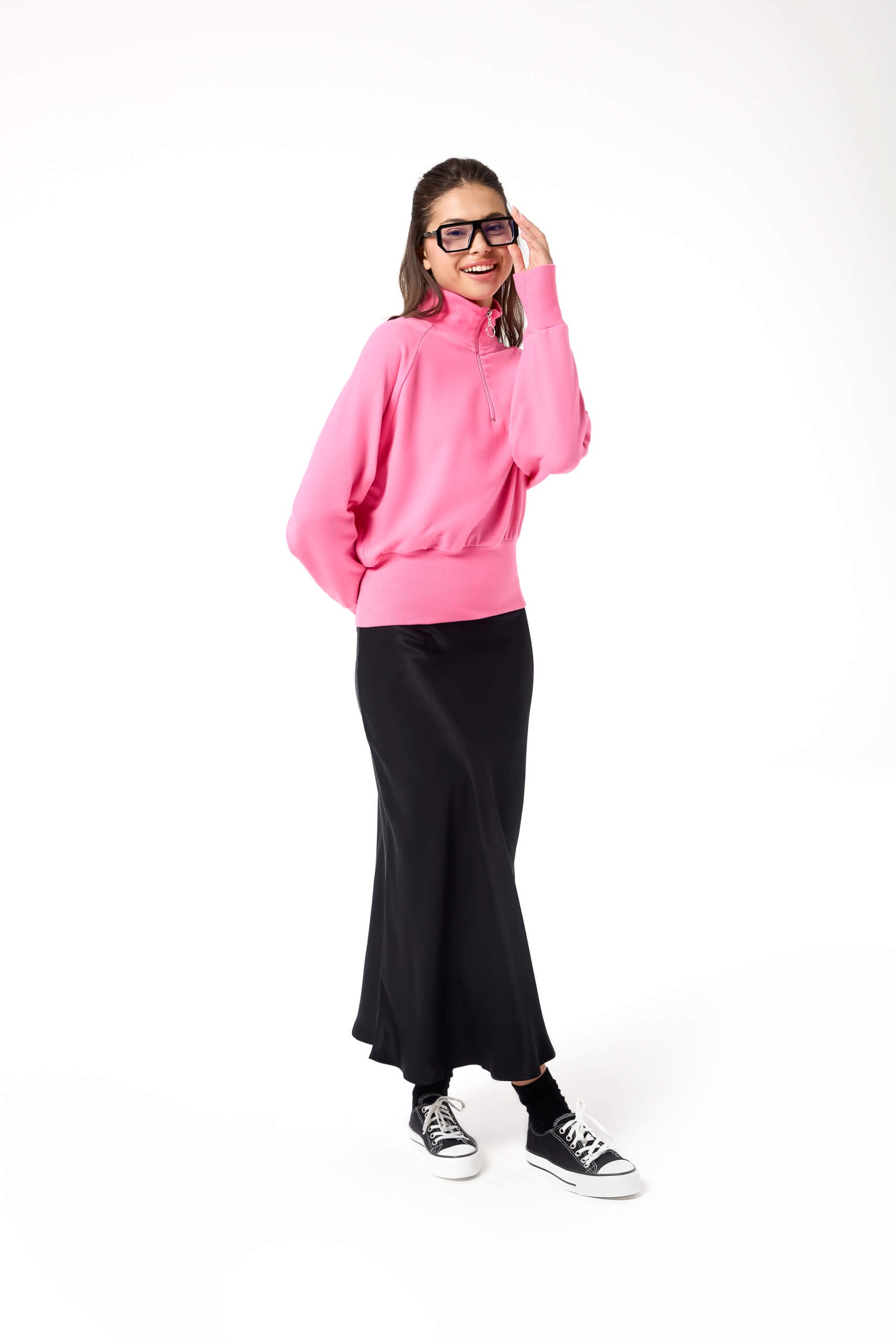 Yarım Fermuarlı Beli Lastikli Softtouch Oversize Sweatshirt - Pembe