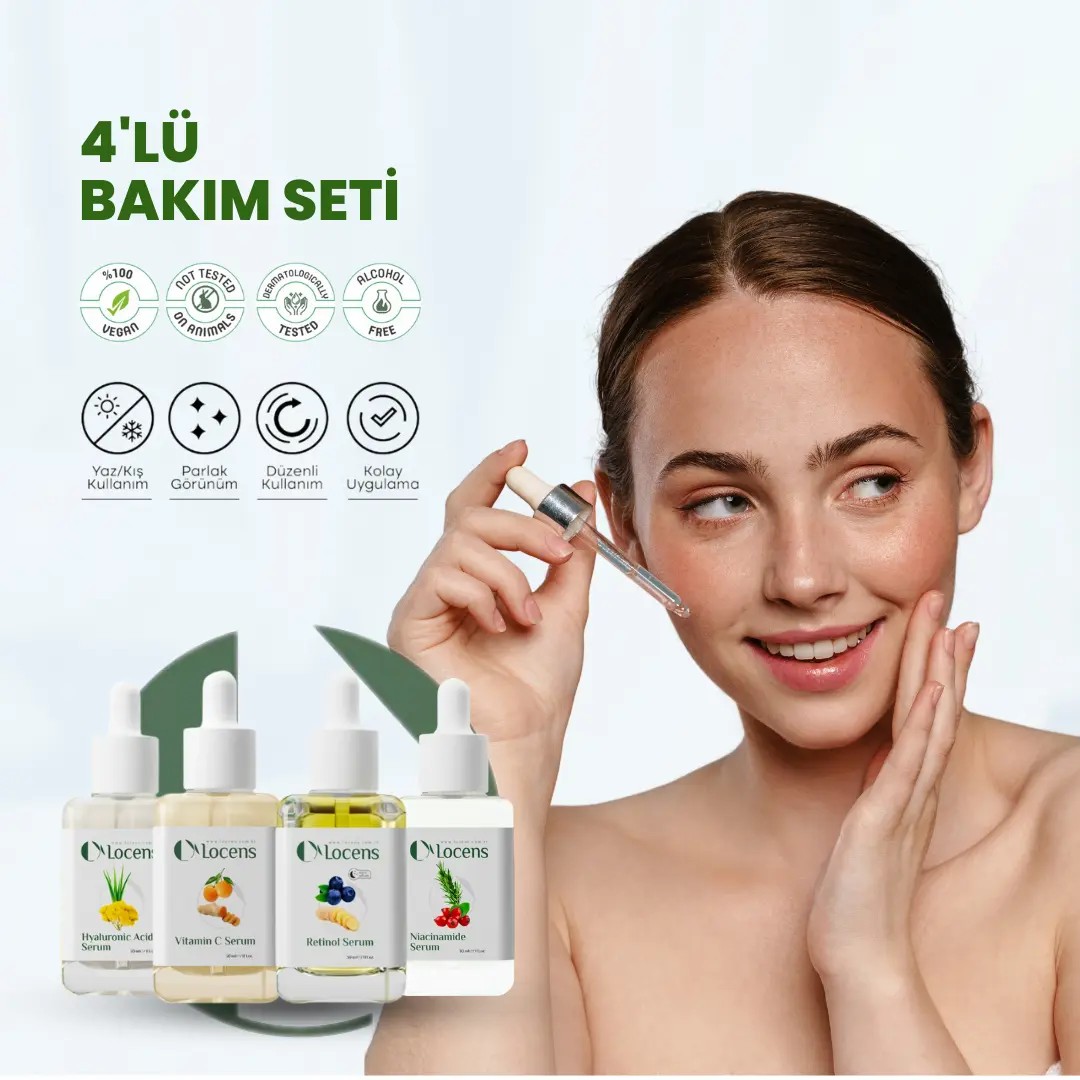 4'lü Locens Çanta Hediyeli Efsane Cilt Bakım Seti - Vitamin C Serum, Hyaluronic acid Serum, Niacinamide Serum ve Retinol Serum