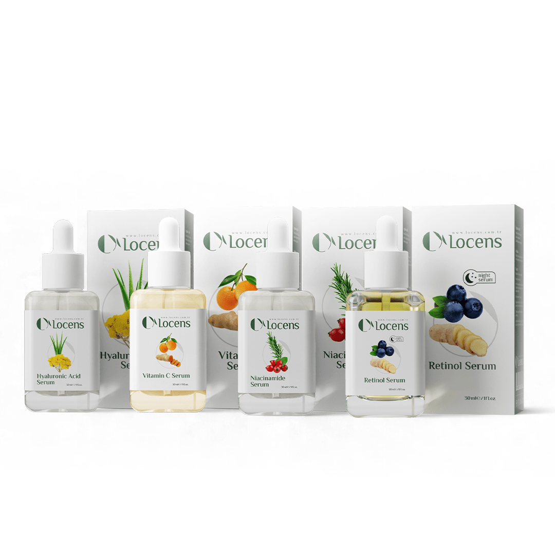 4'lü Locens Çanta Hediyeli Efsane Cilt Bakım Seti - Vitamin C Serum, Hyaluronic acid Serum, Niacinamide Serum ve Retinol Serum