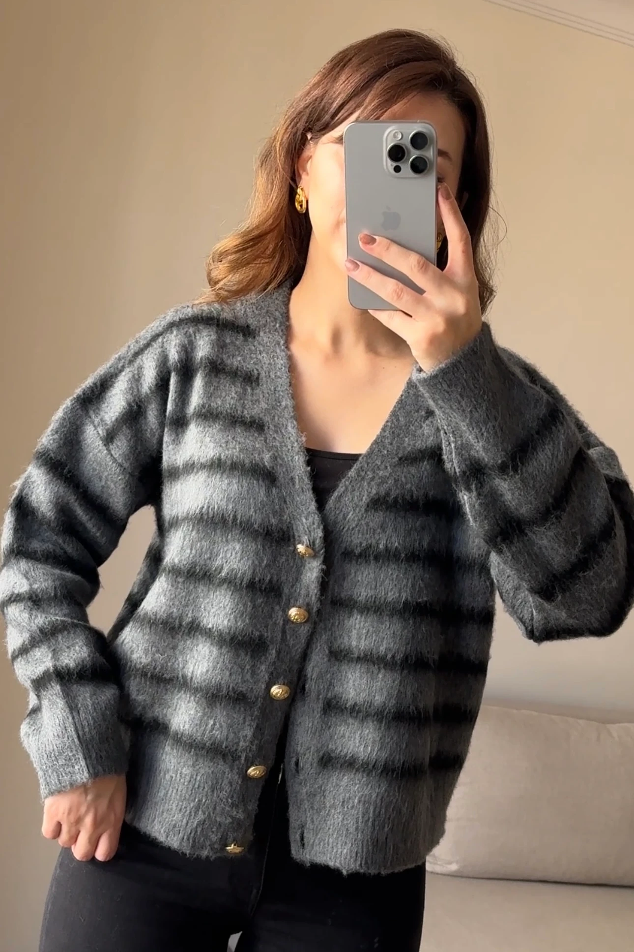  V YAKA ÇİZGİLİ PREMIUM HIRKA - Antrasit/Siyah