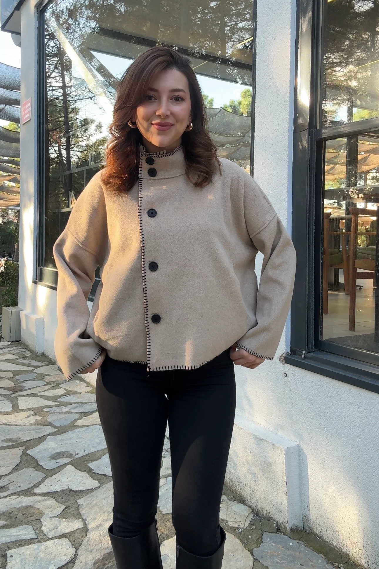 DİK YAKA YAN DÜĞMELİ KAŞE CEKET - Camel