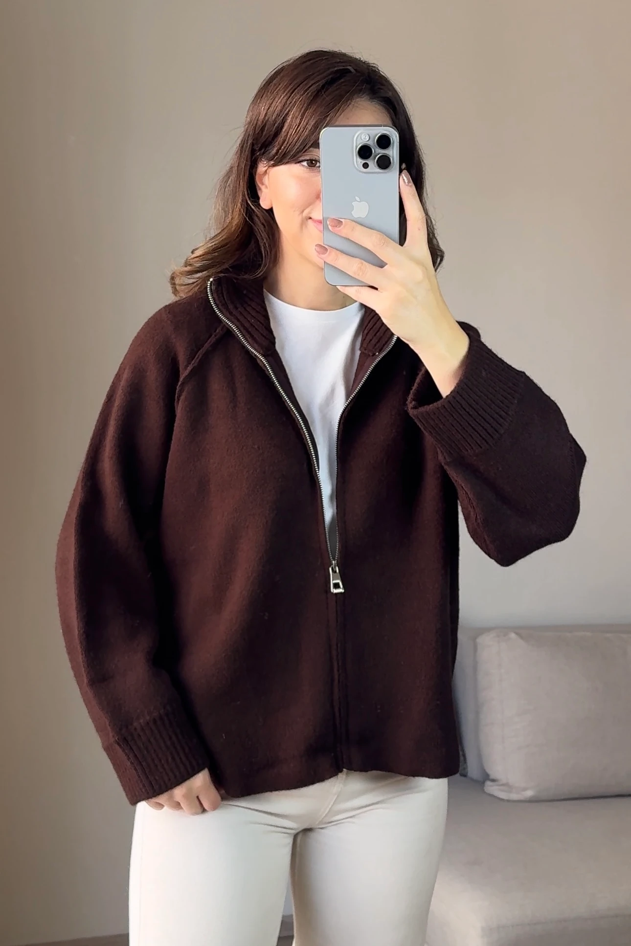 DİK YAKA FERMUARLI KALIN TRİKO HIRKA - Kahverengi