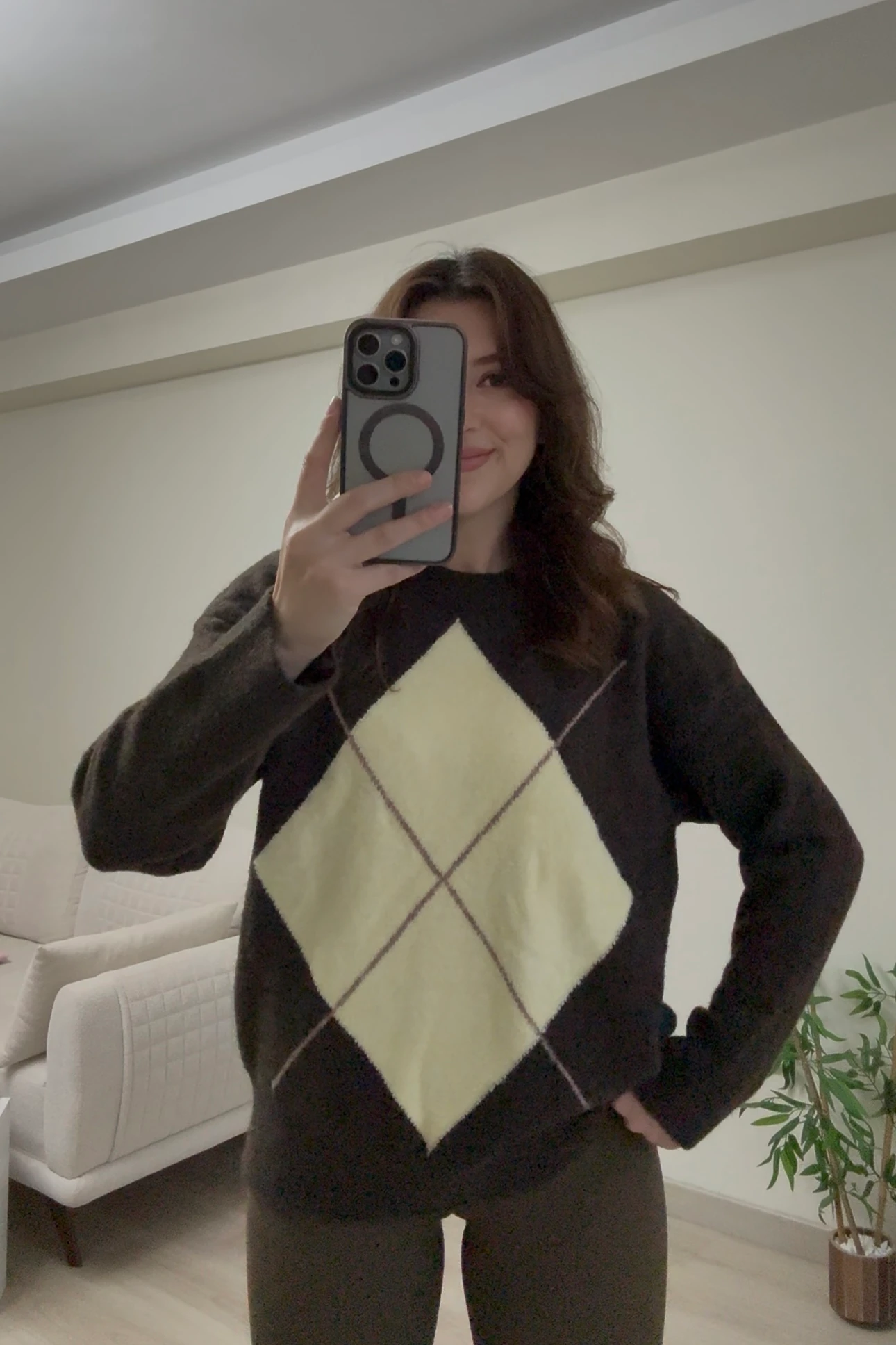 BAKLAVA DESEN OVERSİZE KAZAK - Kahve-Sarı