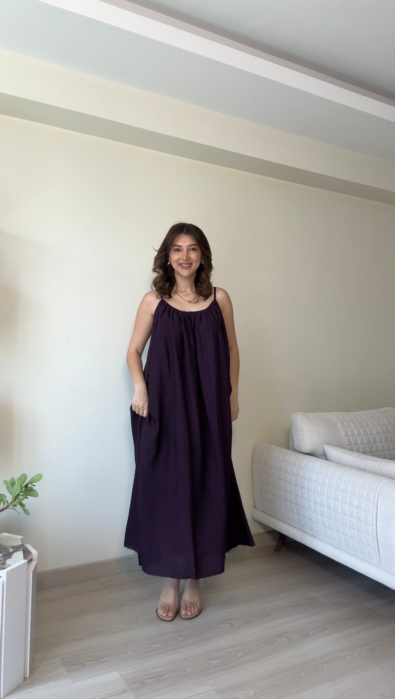 Askılı Şifon Elbise - Mürdüm