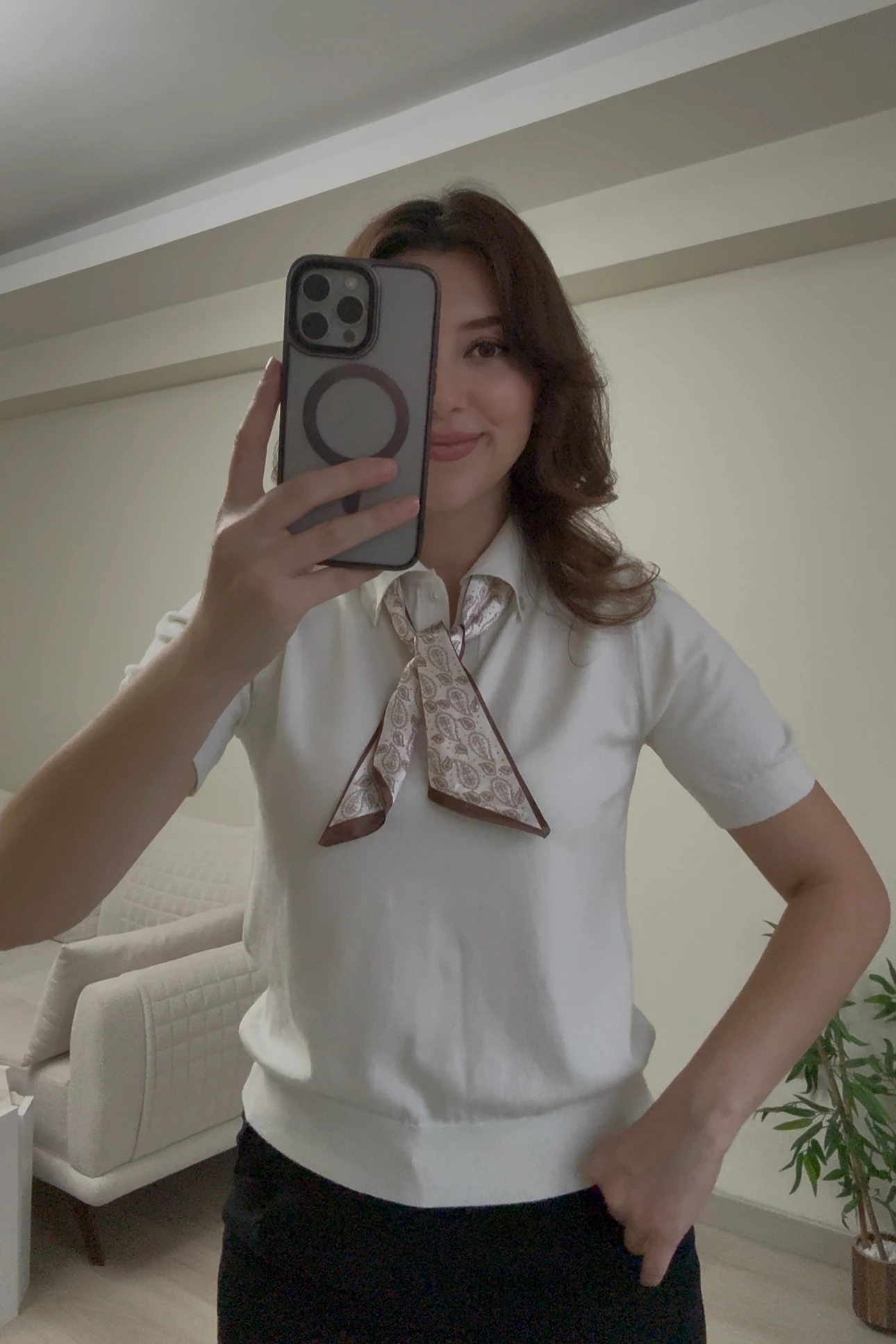 POLO YAKA FULAR DETAYLI TRİKO - Ekru