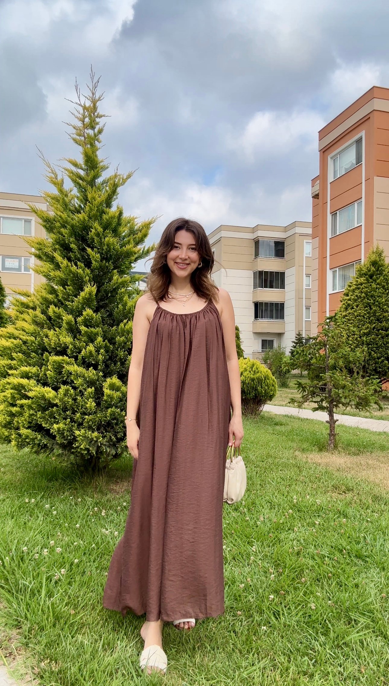 Askılı Şifon Elbise - Kahverengi