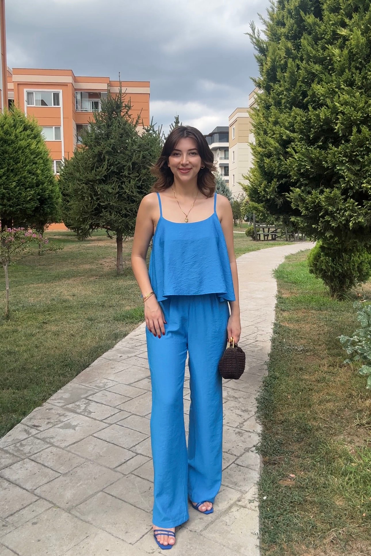 KRİNKIL KUMAŞ YÜKSEK BEL PANTOLON-BLUZ TAKIM