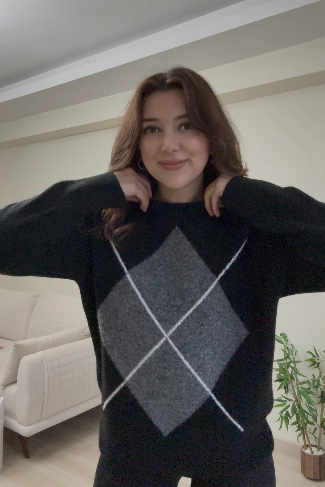 BAKLAVA DESEN OVERSİZE KAZAK - Siyah-Füme