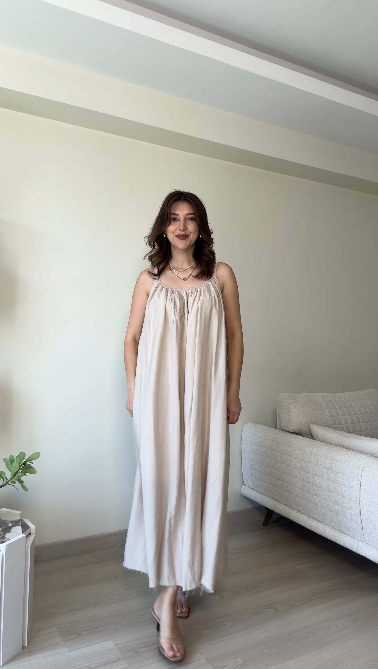 Askılı Şifon Elbise - Bej