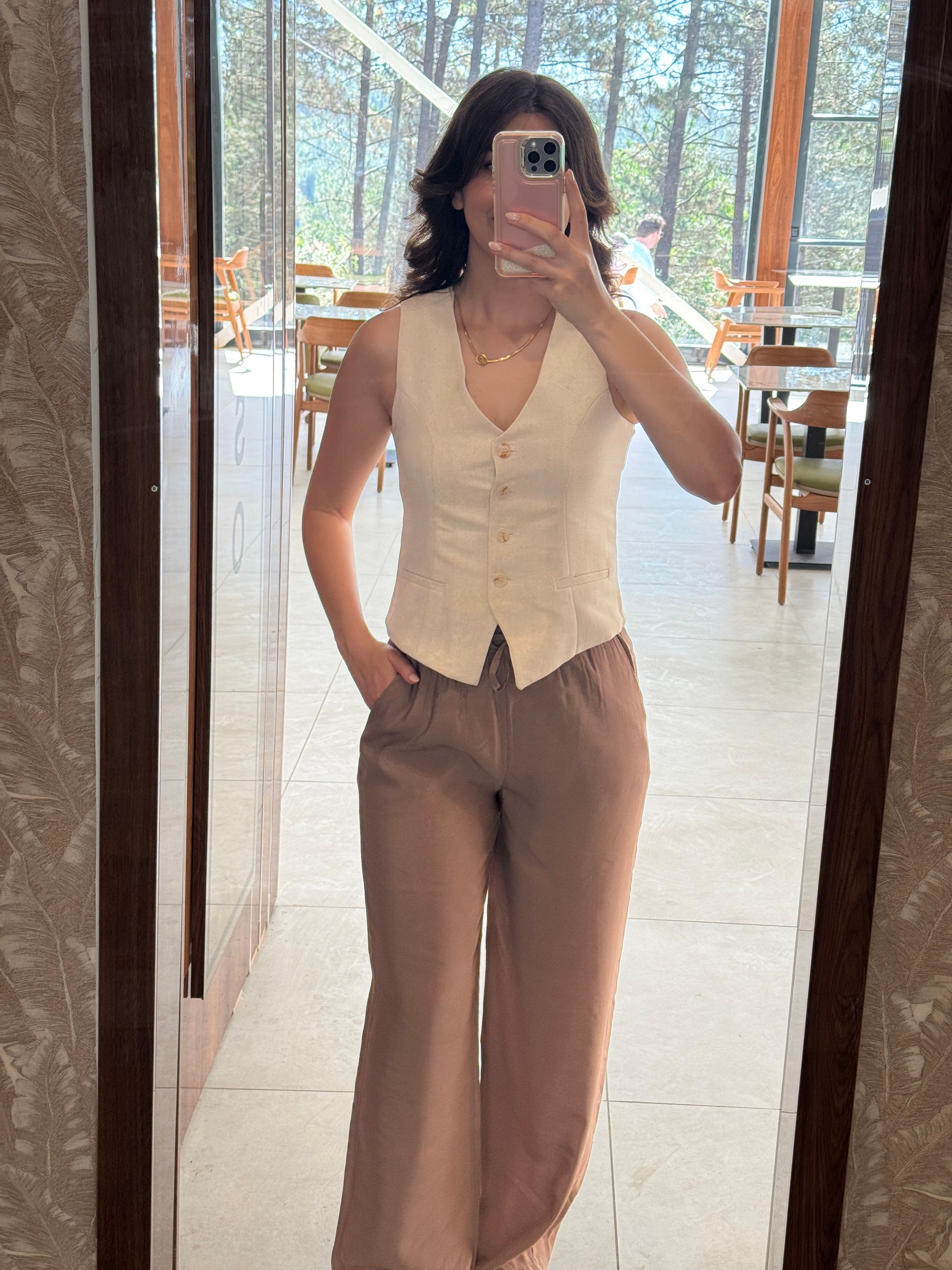 Premium Keten Yelek - Naturel