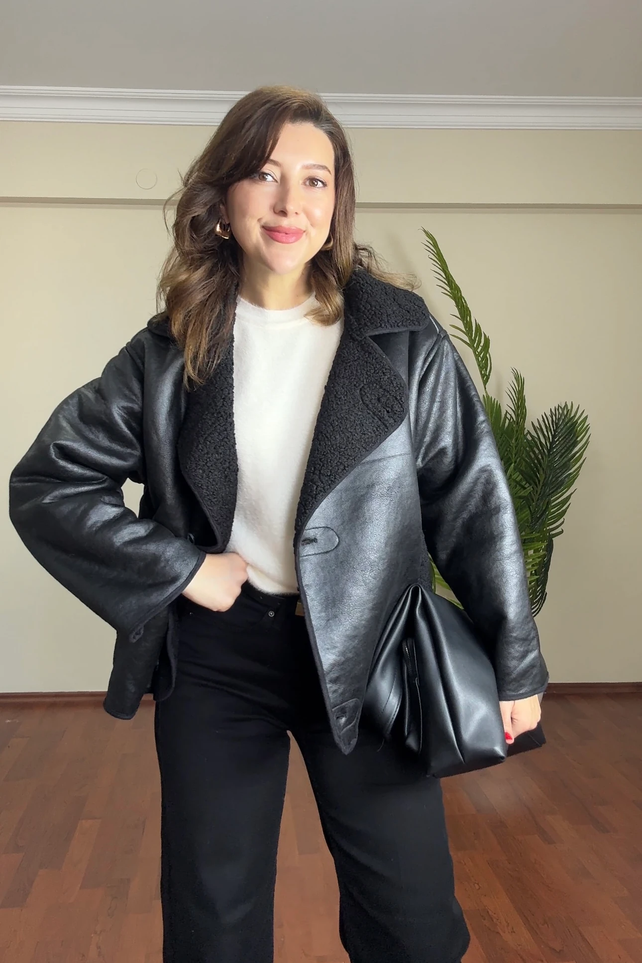 SUNİ KUZU KÜRKLÜ ZARA DERİ CEKET - Siyah